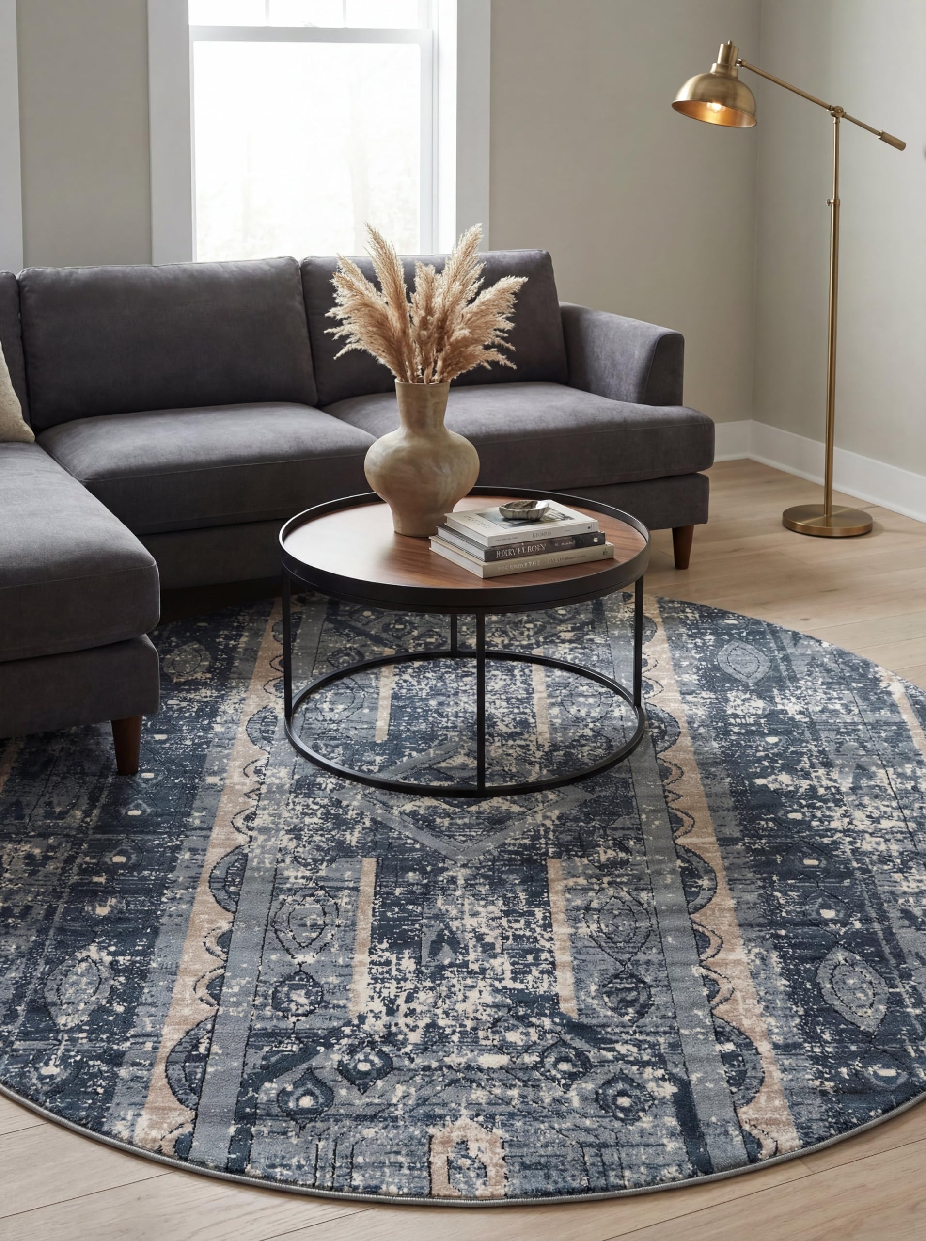Rugs.com Oregon Collection Rug – 5 Ft Round Blue Low-Pile Rug Perfect for Kitchens, Dining Rooms