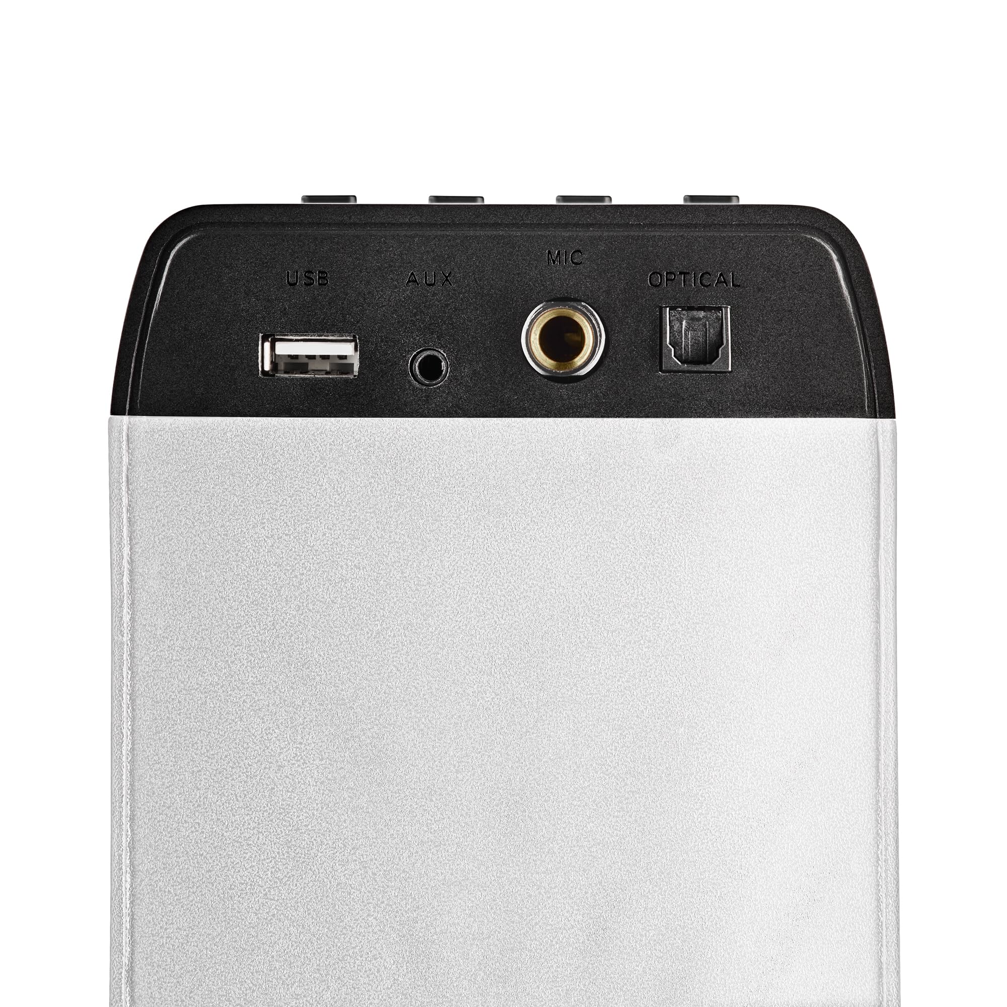 NGS Sky Charm Pro White - Tour de Son 50 W avec Bluetooth 5.4, Entrée Optique, USB, Entrée auxiliaire, Radio FM, Fonction de Diffusion, Entrée Microphone Karaoké, Télécommande, Blanche