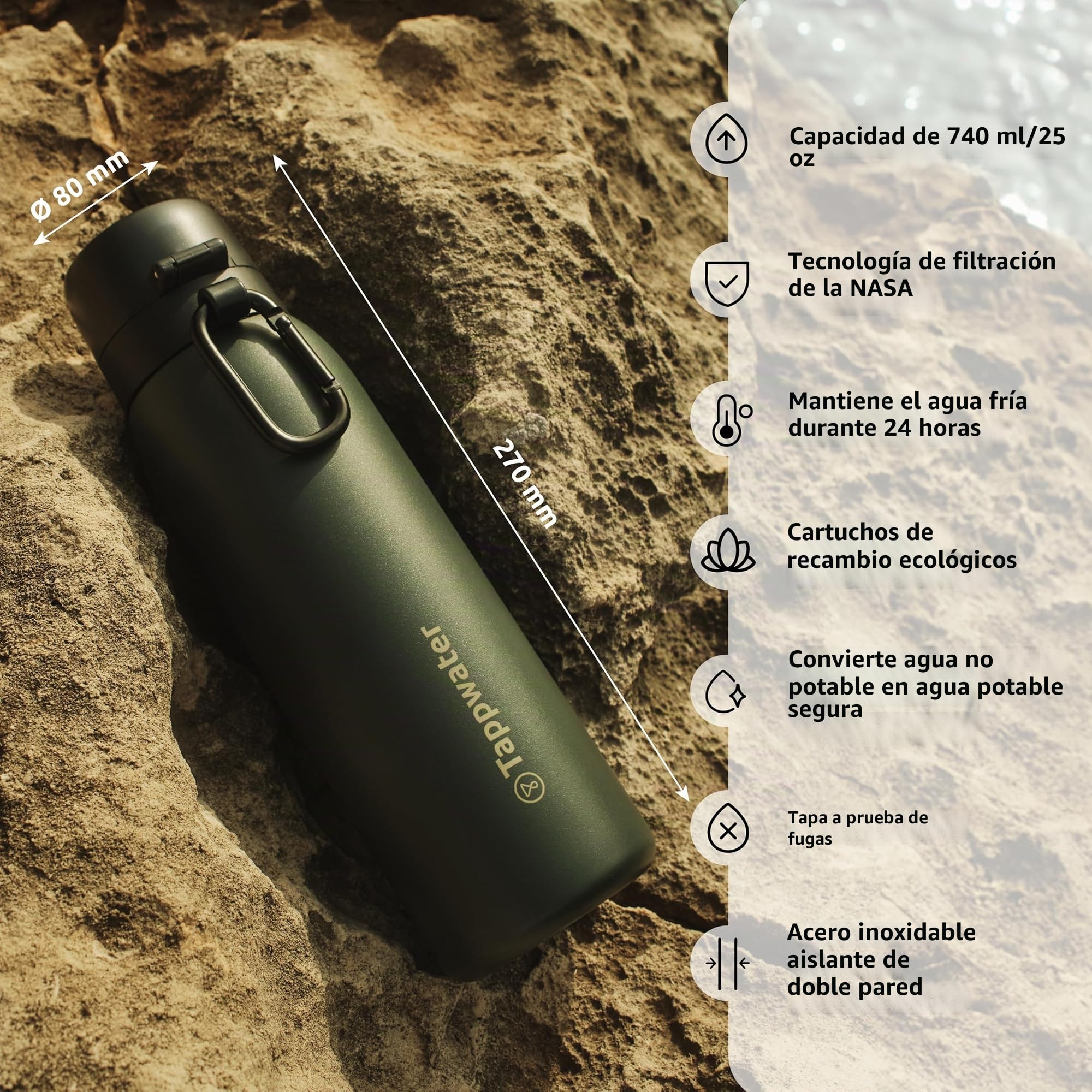 Tappwater BottlePro Adventure - Botella agua 740ml. Botella termica con filtro, filtra el 99.99% de los patógenos. Purificador de agua no potable. Botella de acero inoxidable libre de BPA