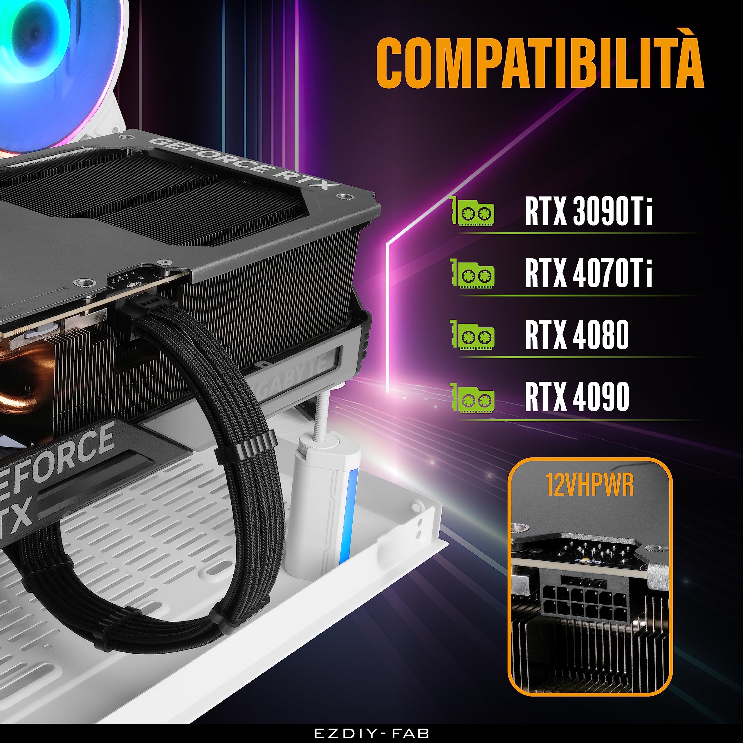 EZDIY-FAB Cavo di Estensione Manicato per Alimentazione GPU PCIe 5.0 16 pin (12+4) 12VHPWR,Maschio a Femmina, Compatibile con RTX 5080, 5070, 4090, 4080, 4070, 16AWG con Pettini per Cavi/Nero