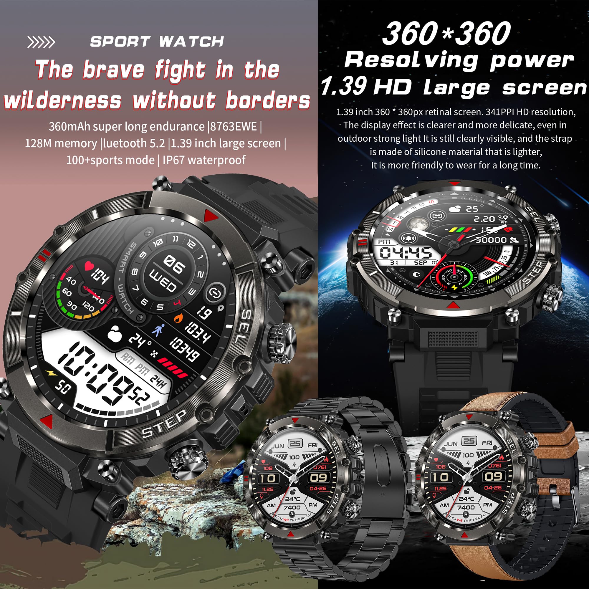 Smartwatch Uomo, Chiamata Bluetooth e Risposta Vivavoce, Smart Watch con 123 Modalità Sport Contapassi Cardiofrequenzimetro Sonno Notifiche Messaggi Orologio Fitness Tracker per Android iOS (Nero)