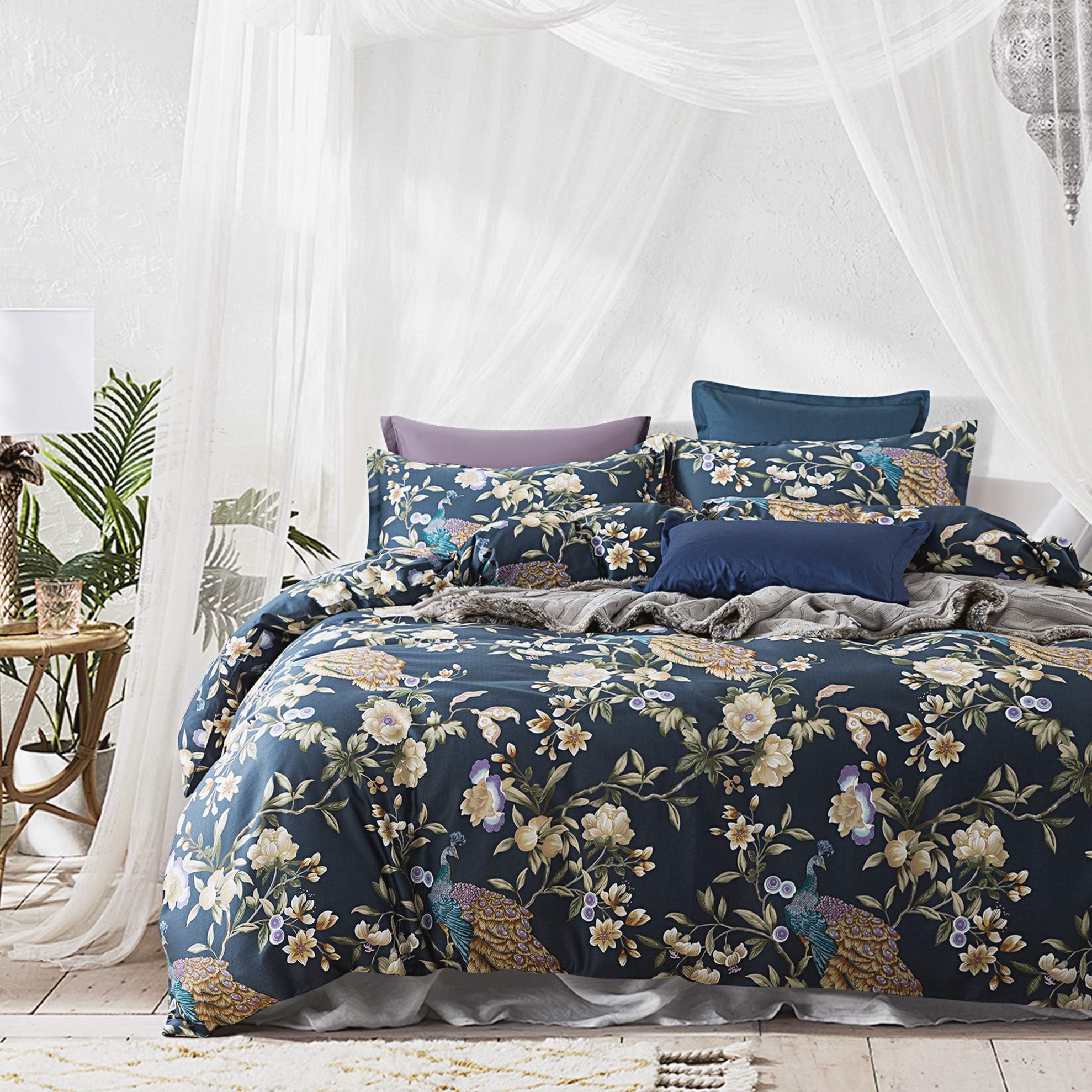 Eikei Oriental Garden Majestic Peacock Bird Floral Duvet Cover Chinoiserie Chic Asian Style Blooming Trees Vines and Branches Long Staple Cotton 3pc Bedding Set (Orion Blue, Queen)
