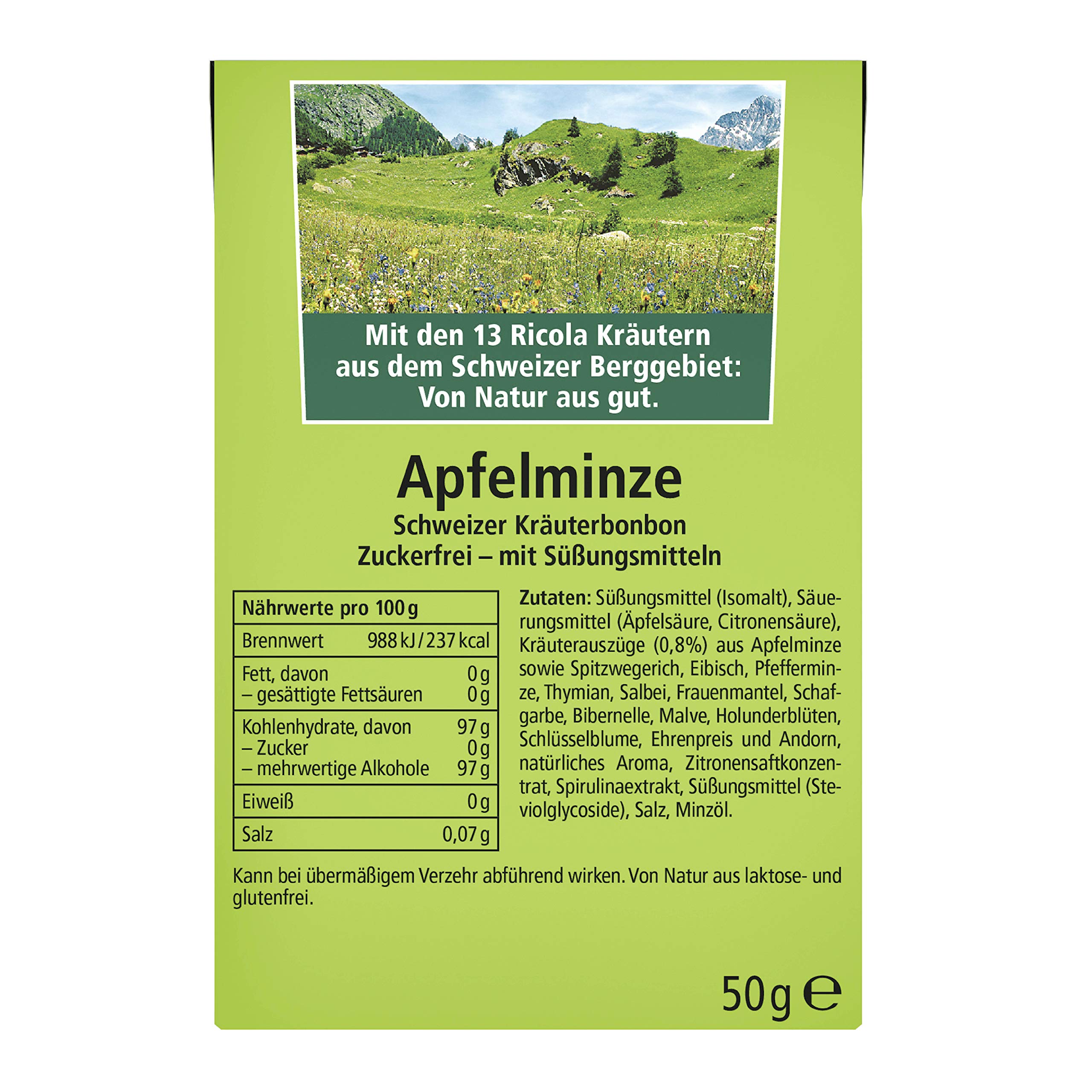 Ricola Apfelminze, Schweizer Kräuterbonbon, 10 x 50g Böxli, ohne Zucker, Wohltuend und erfrischender Genuss & Kräuter Original, Schweizer Kräuterbonbon, 10 x 50g Böxli