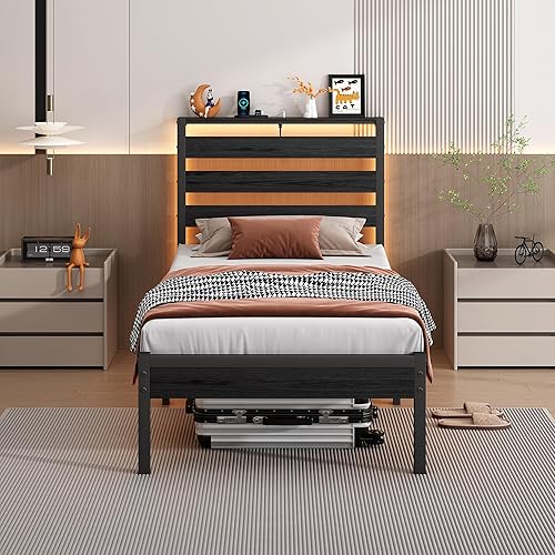 Base de cama tamaño individual con estación de carga USB, marco de cama LED con cabecera de almacenamiento de madera, cama de plataforma de metal