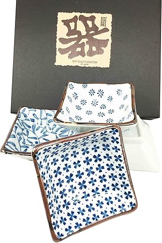 Ebros Made in Japan Blue Multi Pattern Square Glazed Ceramic Salsa Condimenter aperitivo Juego de cuencos sirve cuatro grandes regalos para