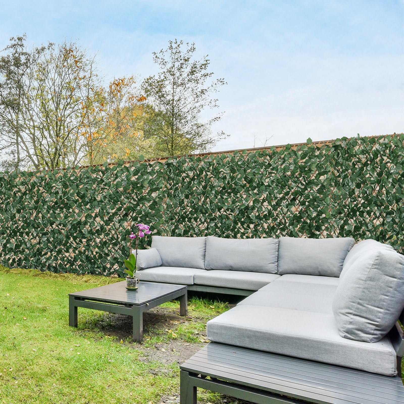 Erweiterbarer Gitterzaun 100x200cm flexibel ausziehbar aus Weide mit künstlichem Blattwerk aus Ahornblätter, Sichtschutz Zaun und Dekoration für Wohnzimmer, Garten, Balkon und Terrasse