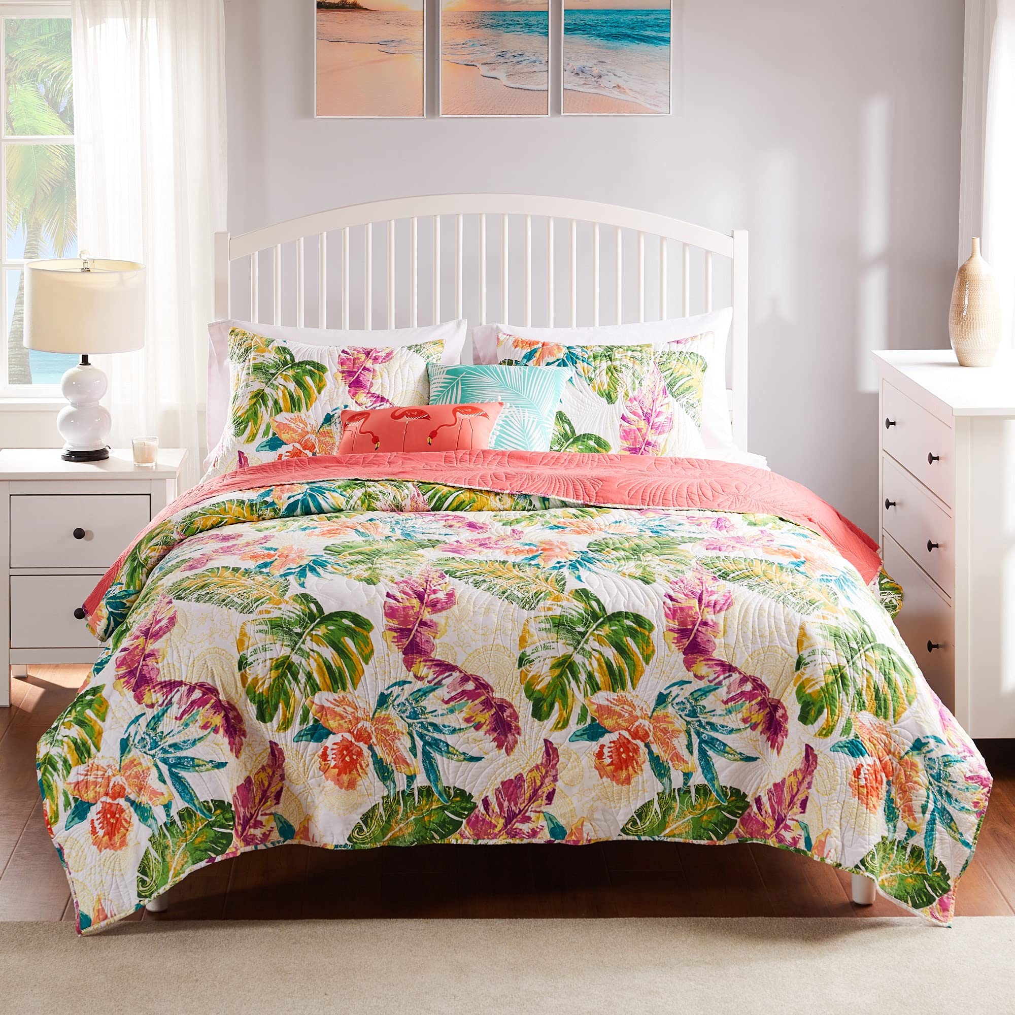 Greenland Home Tropics Cotton Quilt Set, 3-Piece King/Cal King, Coral