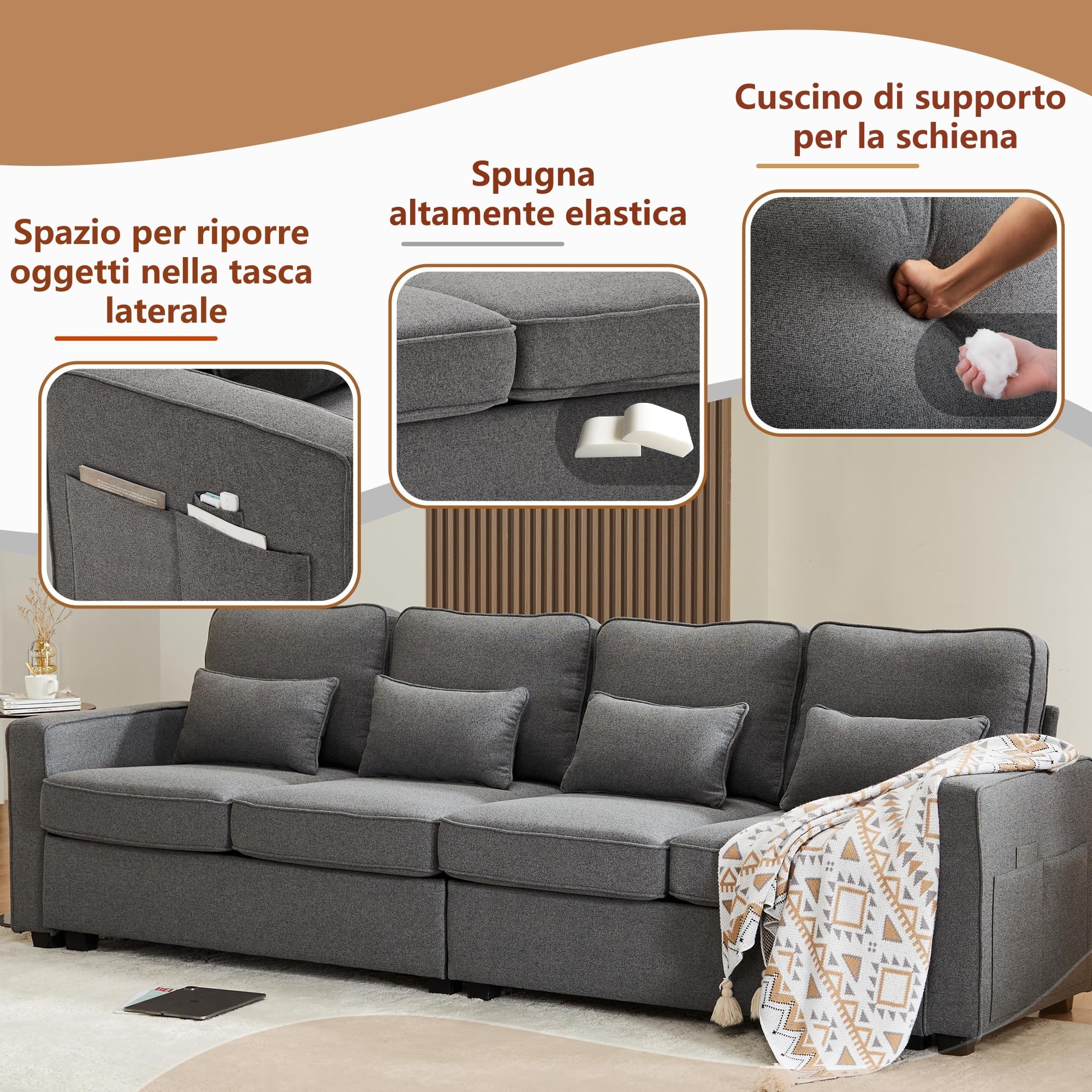 Divano moderno a 4 posti in tessuto di lino, divano a quattro posti con tasche per braccioli e 4 cuscini, divano dallo stile semplice, adatto a soggiorno, casa, ufficio (Grigio scuro)