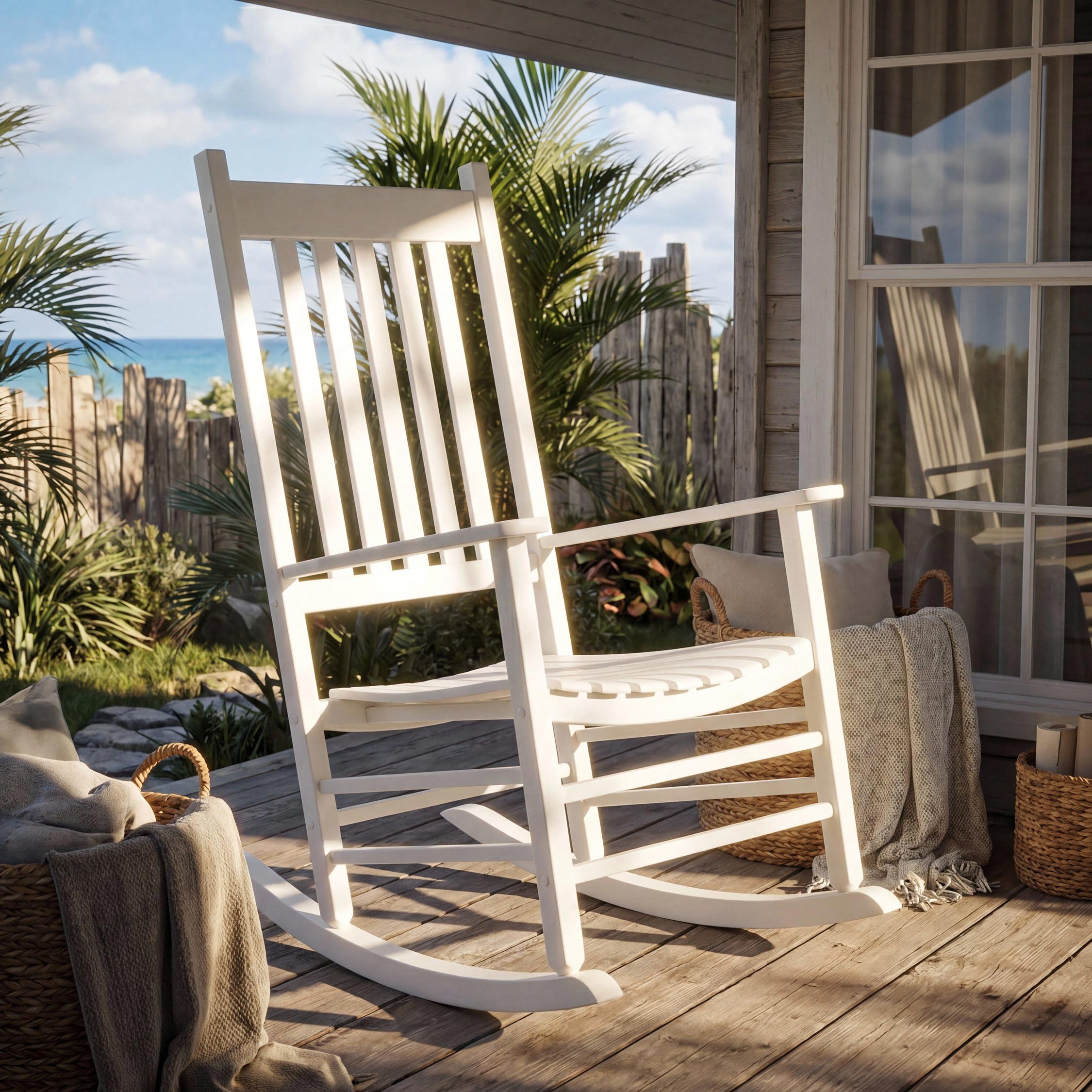 MAMIZO Chaise à bascule d'extérieur en bois avec dossier haut, chaise à bascule d'intérieur surdimensionnée, facile à assembler, pour jardin, pelouse, balcon, véranda (blanc, 1 pièce)