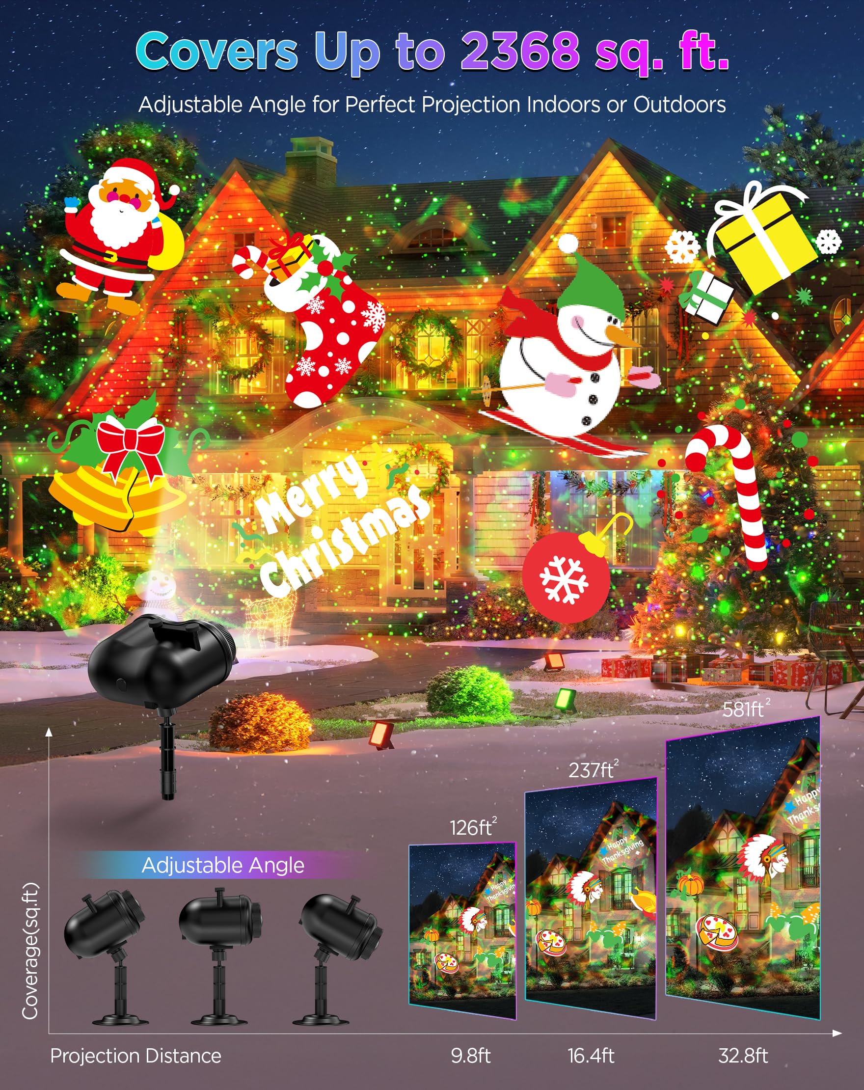 Weihnachtsprojektor Lichter Außen Wasserdicht, 20 Folien & 8 Helle HD Muster, Glühwürmchen & Ozeanwellen-Effekte, Timer Schneeflocke Lichtprojektor für Haus Hof Xmas Neujahr Valentinstag Thanksgiving