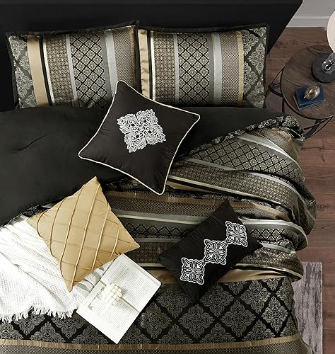 Miniatura 3 de Grand Avenue Juego de edredón geométrico negro y dorado, tamaño California King, juego de ropa de cama jacquard de 7 piezas, ultra suave, fundas a