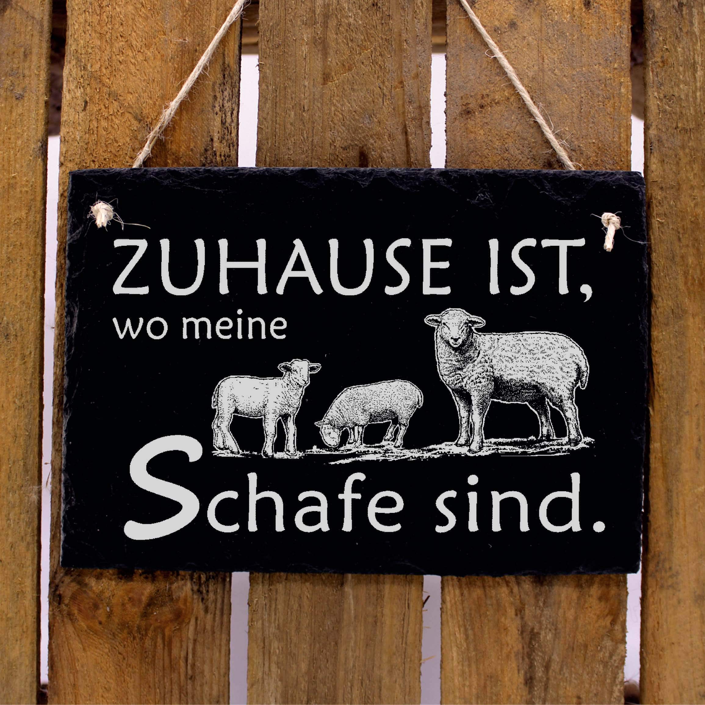 Schiefertafel Mit Spruch 'Zuhause Ist, Wo Meine Schafe Sind' – 22x16cm, Wetterfeste Lasergravur, Mit Juteband