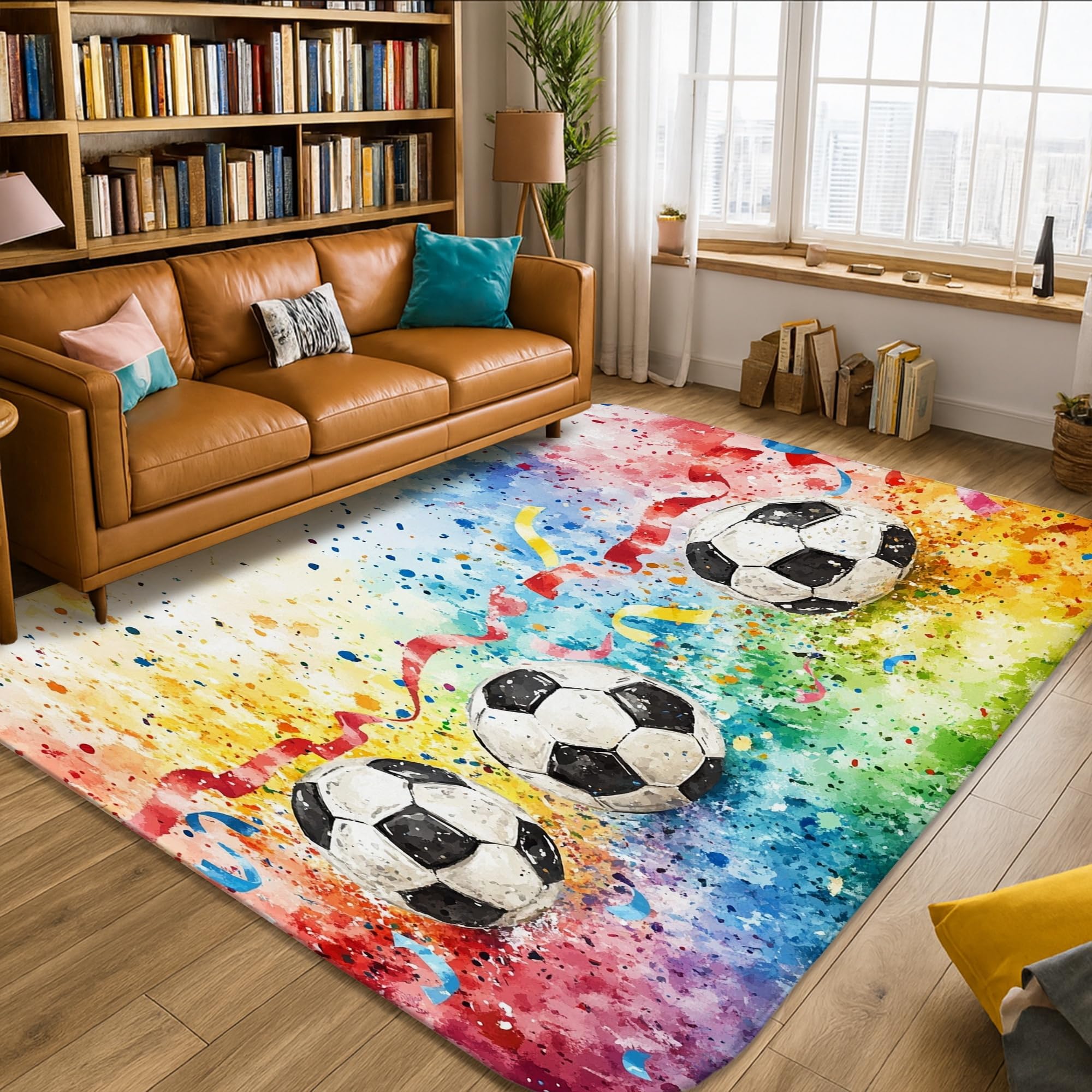 Tapis de football rectangulaire coloré à poils courts pour salon et chambre