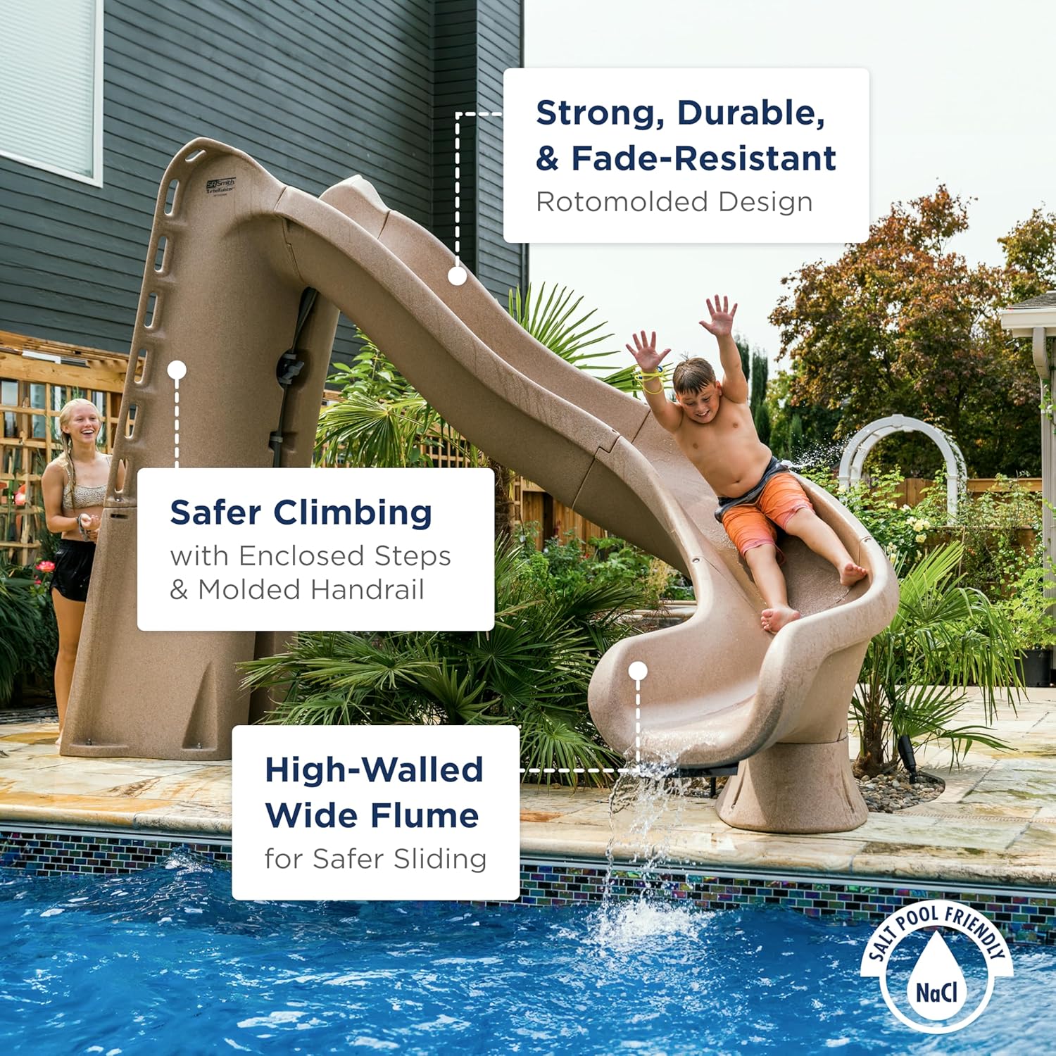 S.R.Smith TurboTwister Pool Slide, Sandstone – Premium Water Slide with Right Curve for Inground Swimming Pool – Deck Mounted with Enclosed Ladder for Safety
