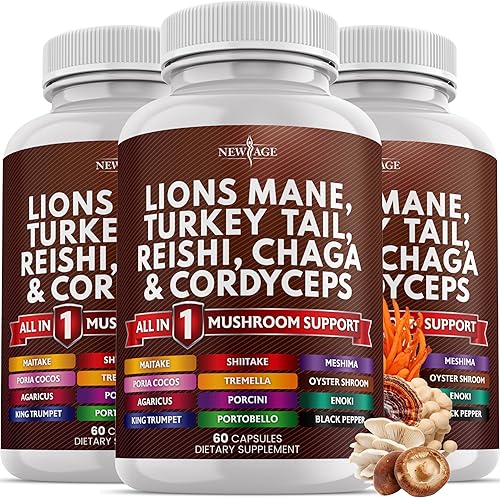 NEW AGE Suplemento de hongo de melena de león con cola de pavo Reishi Cordyceps Chaga con raíz de malvavisco, 180 unidades