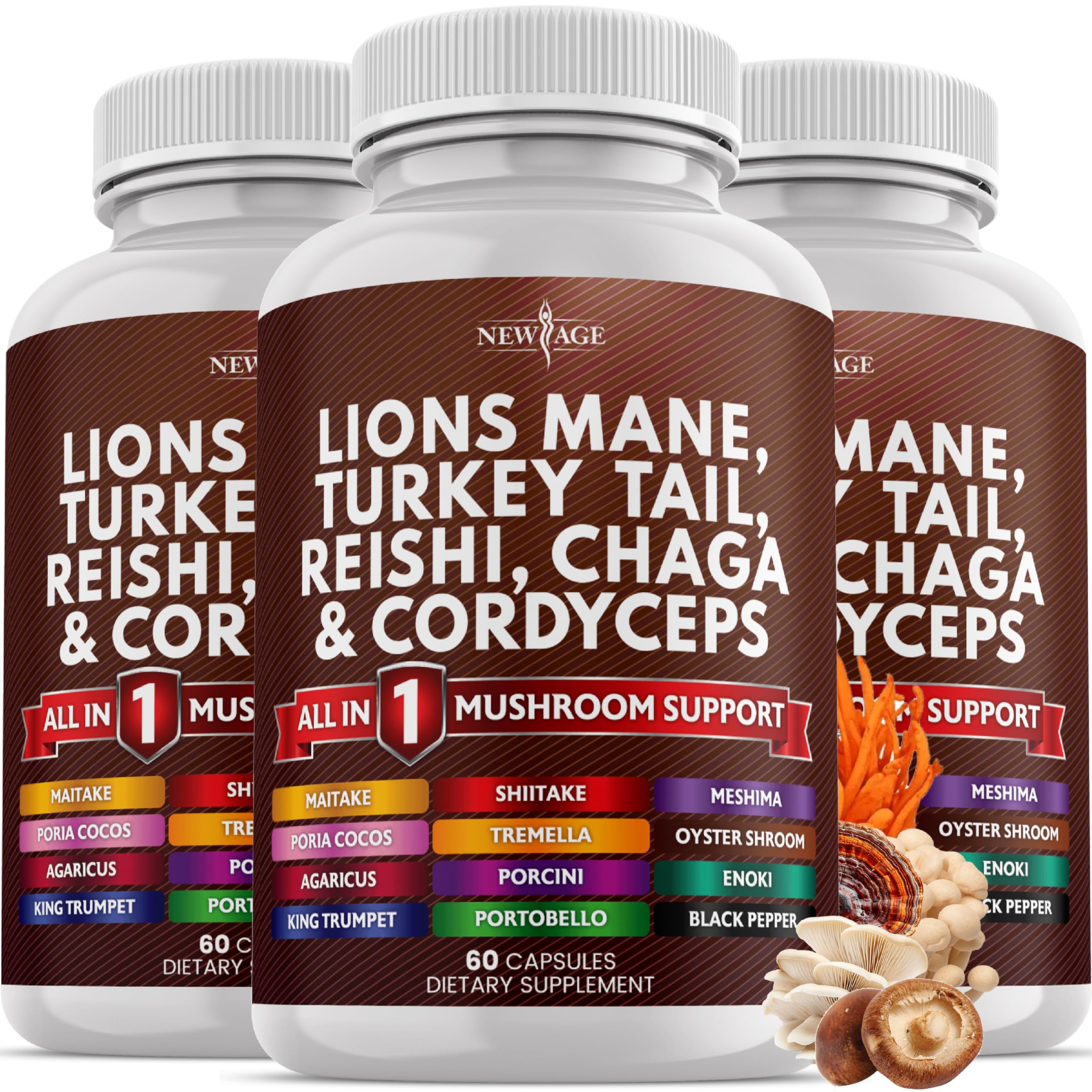 Lions Mane Mushroom Supplement with Turkey Tail Reishi Cordyceps Chaga with Marshmallow Root 180 Count