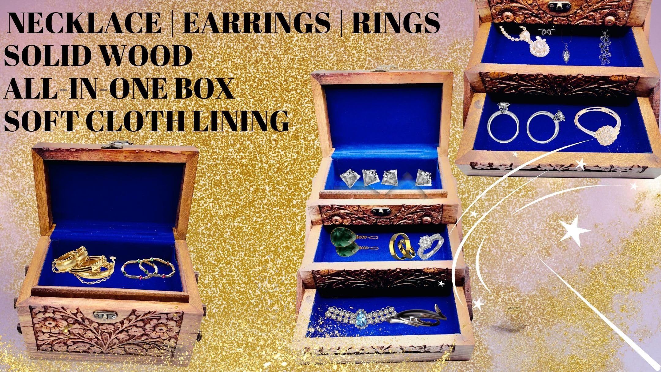 Eid Gifts - Handcrafted Jewelry Box with Floral Carvings, 3-Compartment Jewelry Organizer for Earrings, Rings, Necklaces (Large Size 8''x5''x5'')