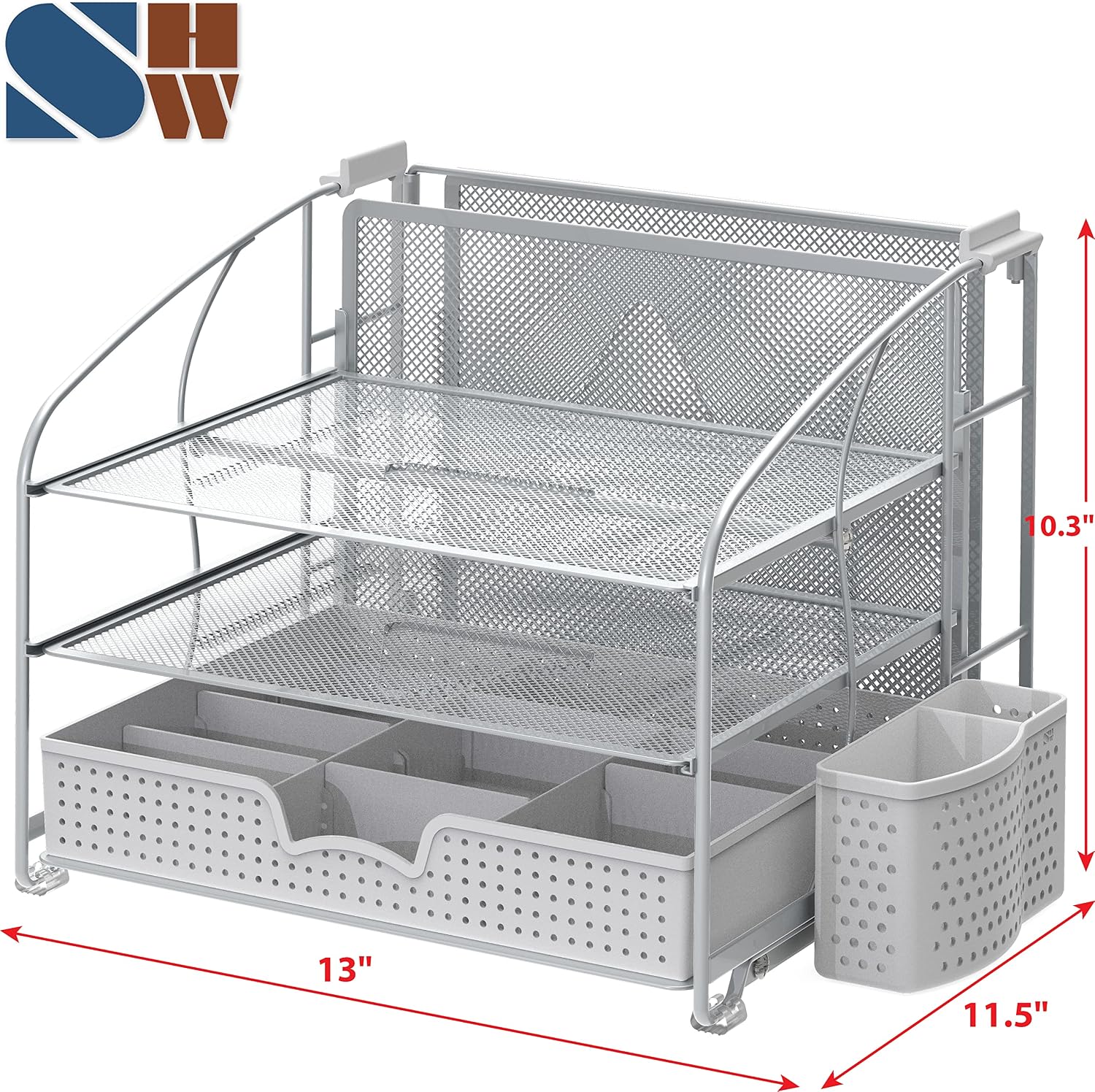 Simple Houseware 3-Tier Desk Organizer with Sliding Drawer, Silver image 2