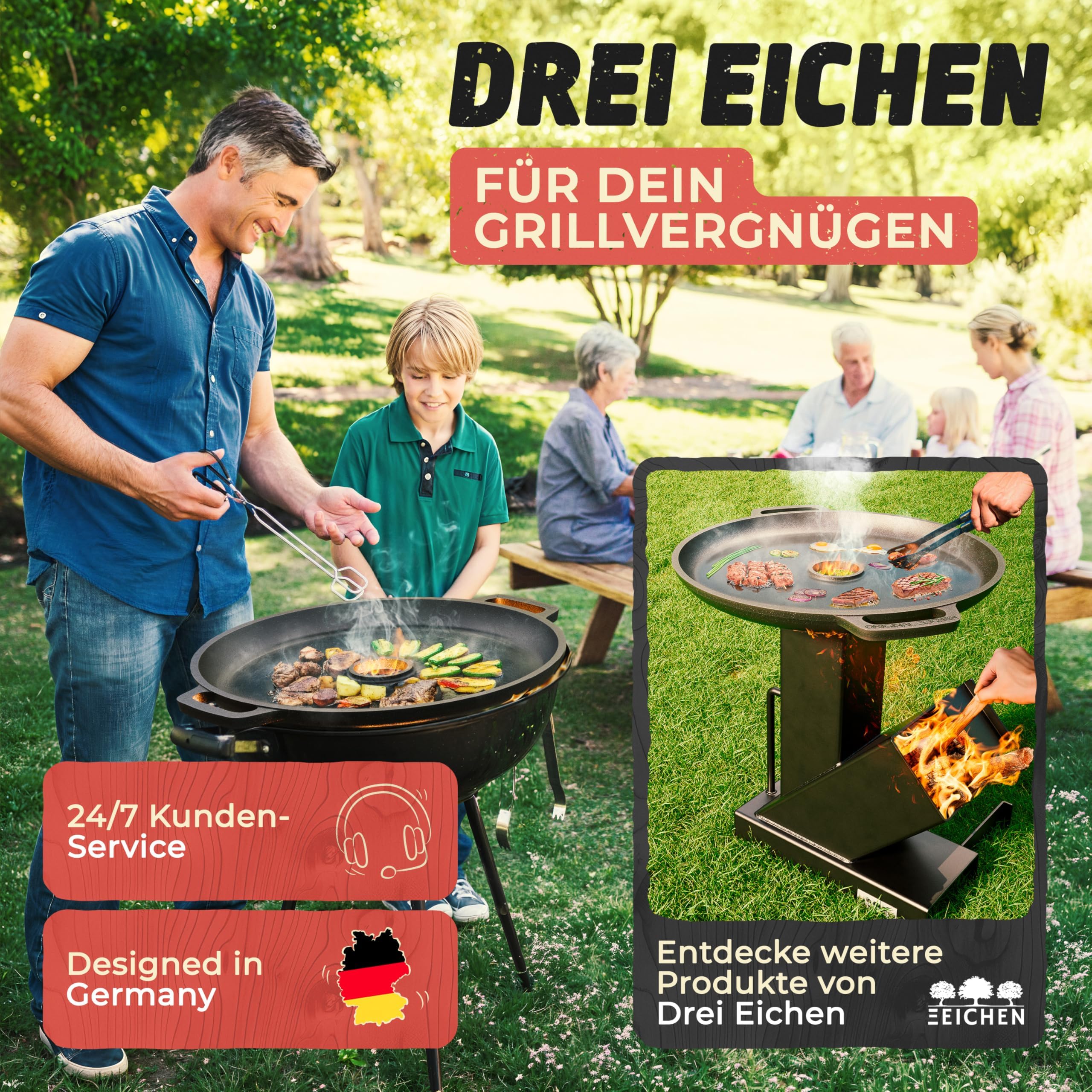 Feuerplatte aus Gusseisen mit Tropfschutz. Ø35cm. Grillplatte Plancha ideal für Raketenofen u.v.m. Outdoor BBQ-Platte mit Tragegriff. Grill Zubehör. Gusseisenpfanne. Stärke 5mm Loch Ø4cm Drei Eichen