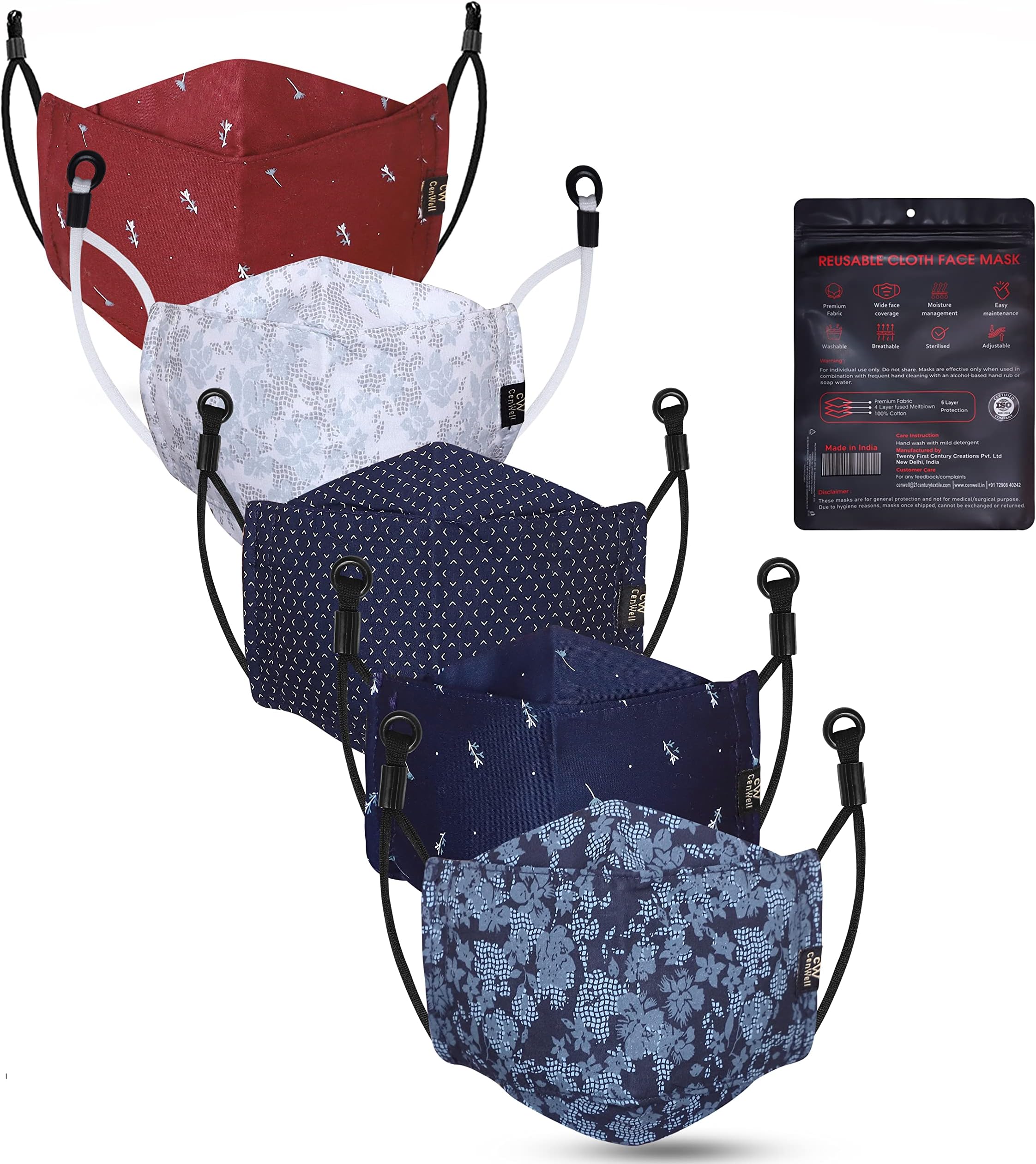 Cenwell Reusable, Washable Designer Fabric Cotton 3D Printed 6 Layer Face Mask with Adjustable Earloop, Ear Saver Strap, Melt Blown Filter for Men & Women