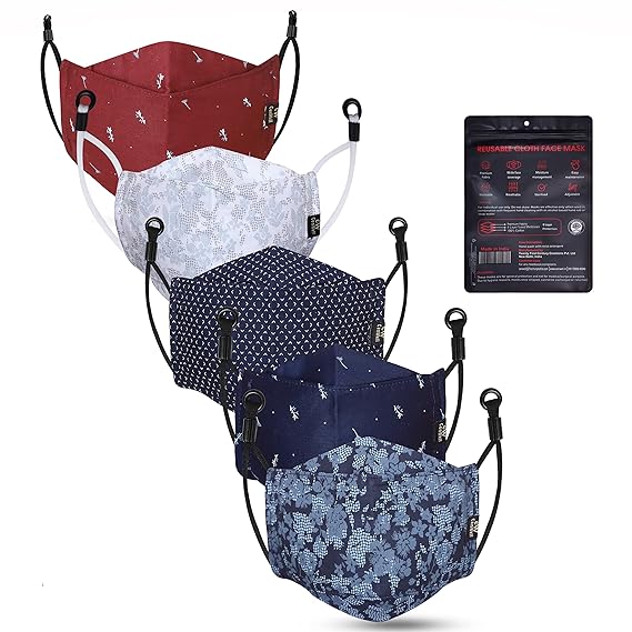 Cenwell Reusable, Washable Designer Fabric Cotton 3D Printed 6 Layer Face Mask with Adjustable Earloop, Ear Saver Strap, Melt Blown Filter for Men & Women