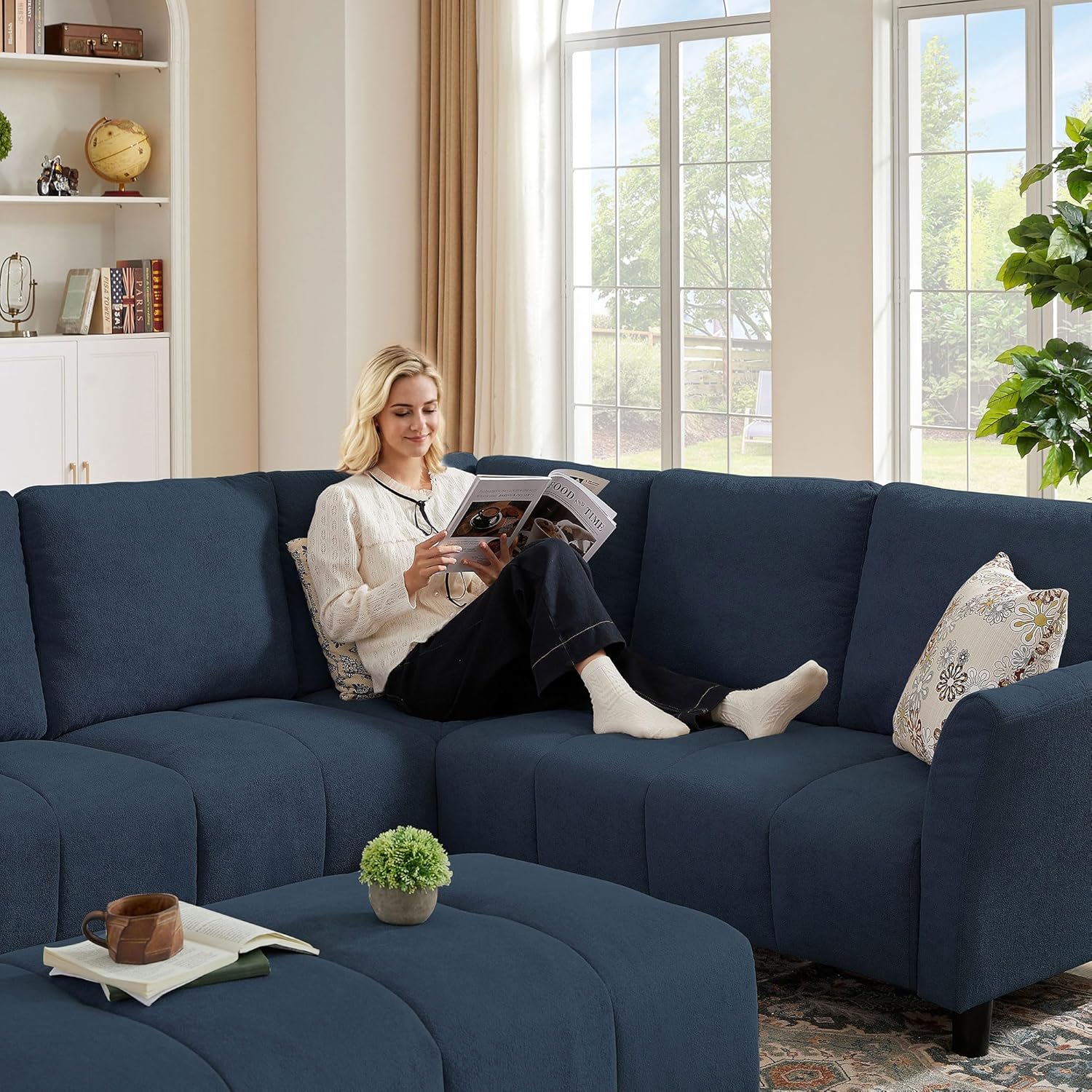 102" L Shape Sectional Couch with Ottoman,6 Seat Convertible Modern Corner Sofa Sectional with Removable Covers for Living Room, Blue