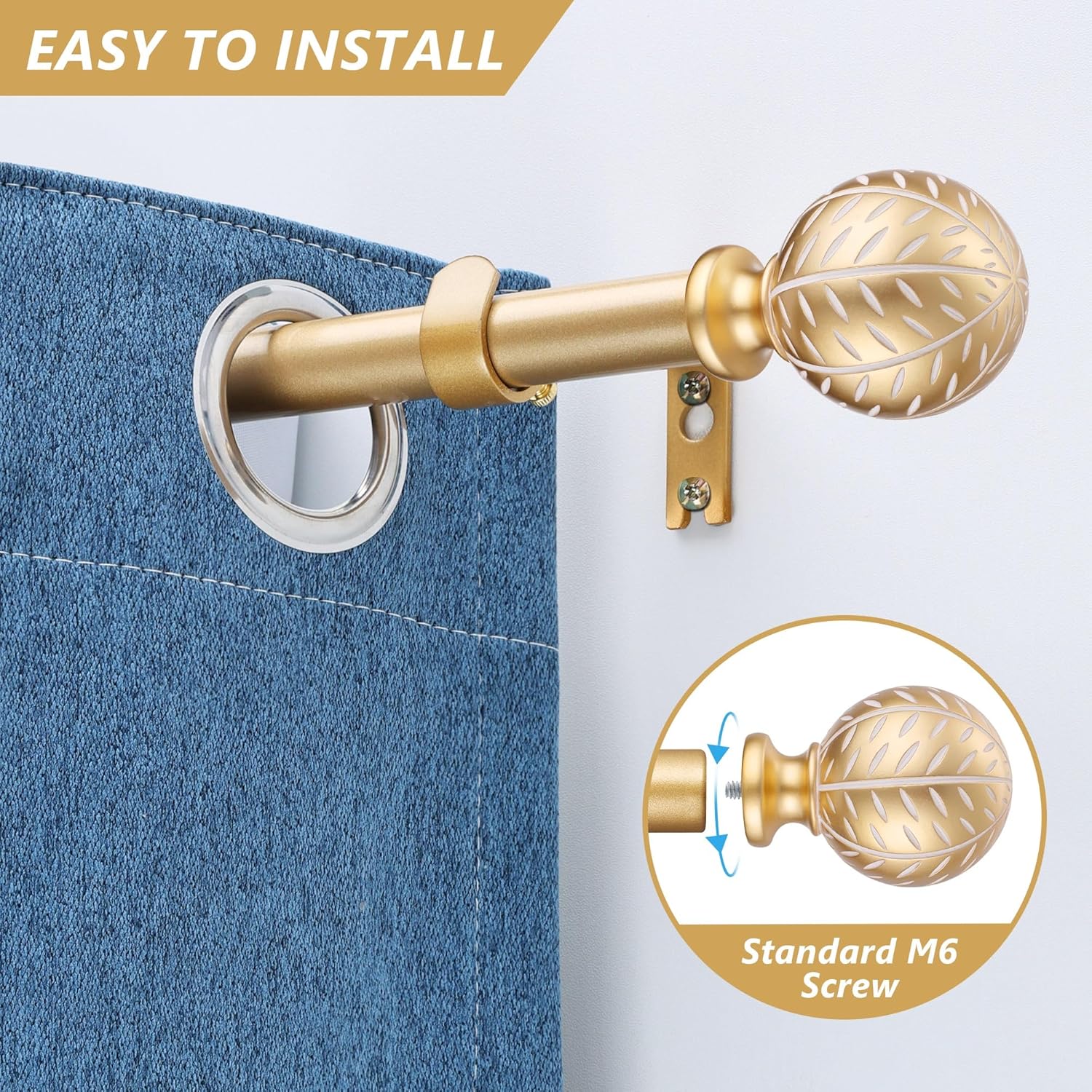 Curtain Rods for Windows 48 to 84 Inch,Gold Curtain Rod 1 Inch Adjustable Drapery Rods with Decorative Finial,Window Treatment Single Curtain Rod Set for Bedroom, Kitchen