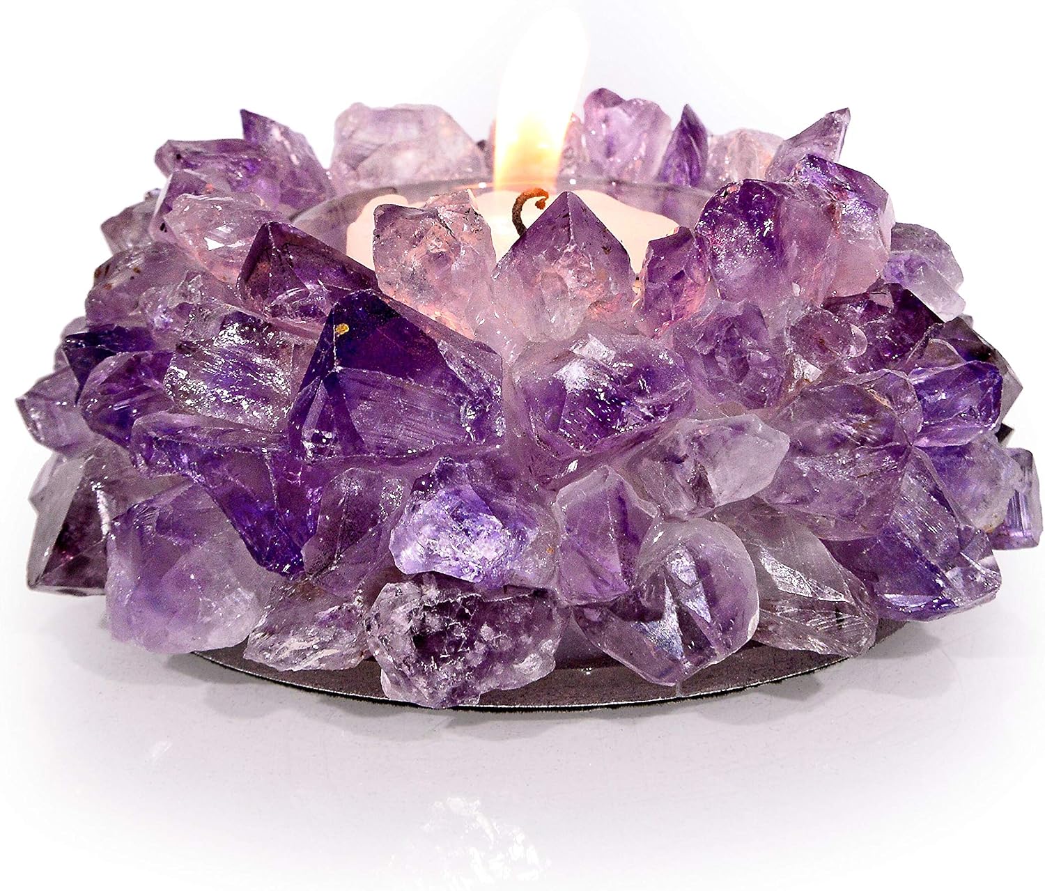 KALIFANO Natural Amethyst Cluster Crystal Tealight Candle Holder - Decorative High Energy Geode Votive with Healing Effects