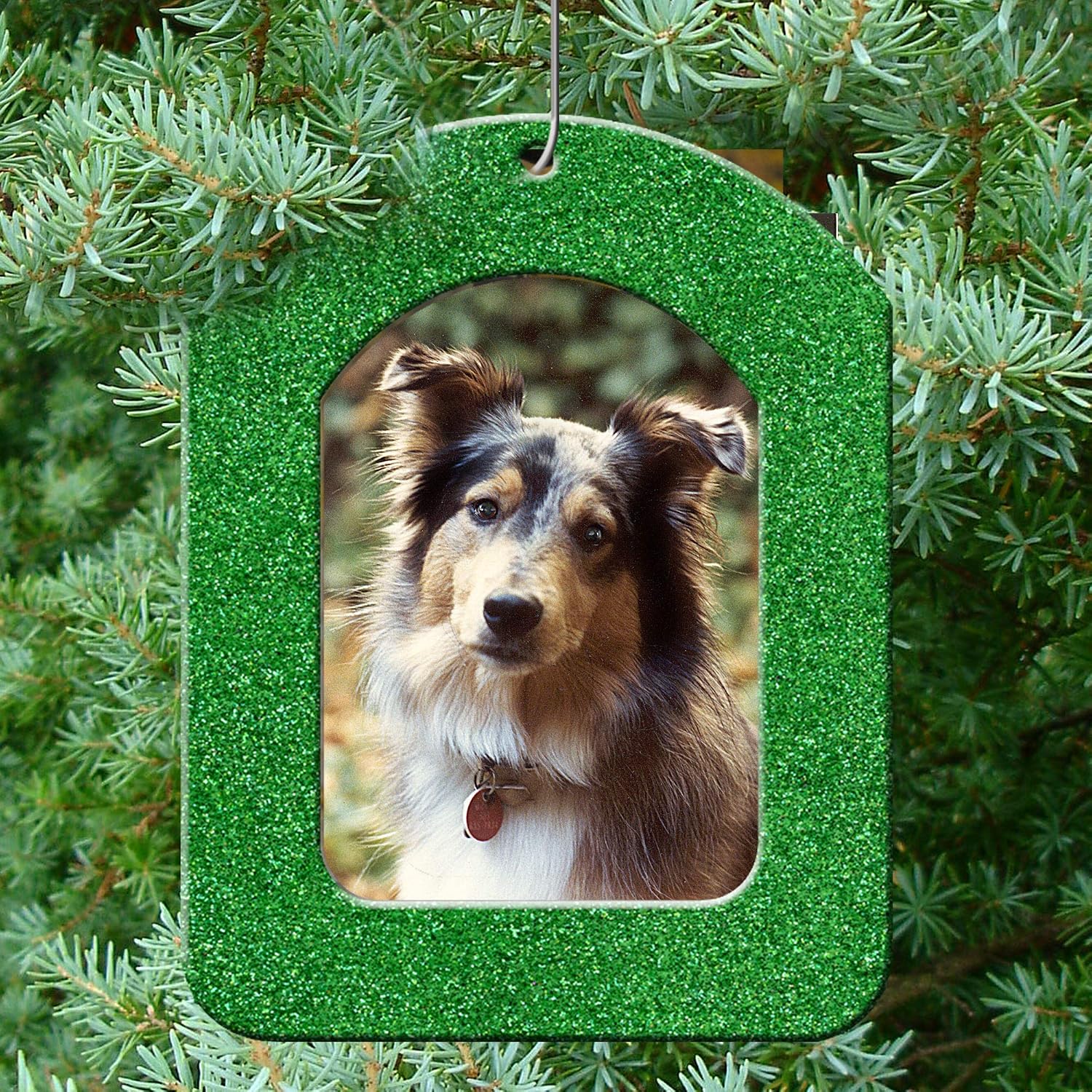 The Original Mini Glitter Photo Christmas Ornaments, Magnetic Easy-Load Picture Frame Ornament, Includes Photo Protectors Plus Hooks for Hanging, Vertical, Green 6-Pack image 2