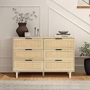 LuxenHome Dresser for Bedroom, Farmhouse Rattan Dresser with 6 Drawers, 6 Drawer Dresser for Bedroom, Mid Century Modern Dresser, Bedroom Dresser for Nursery, TV Stand Dresser for Bedroom