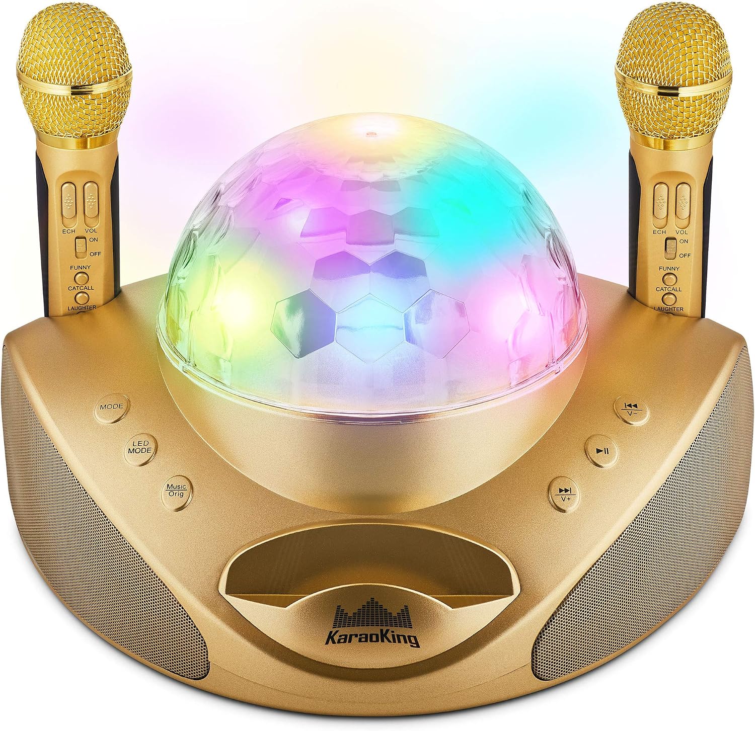 KaraoKing G308 Gold Karaoke Machine with two golden microphones and a colorful disco light dome.