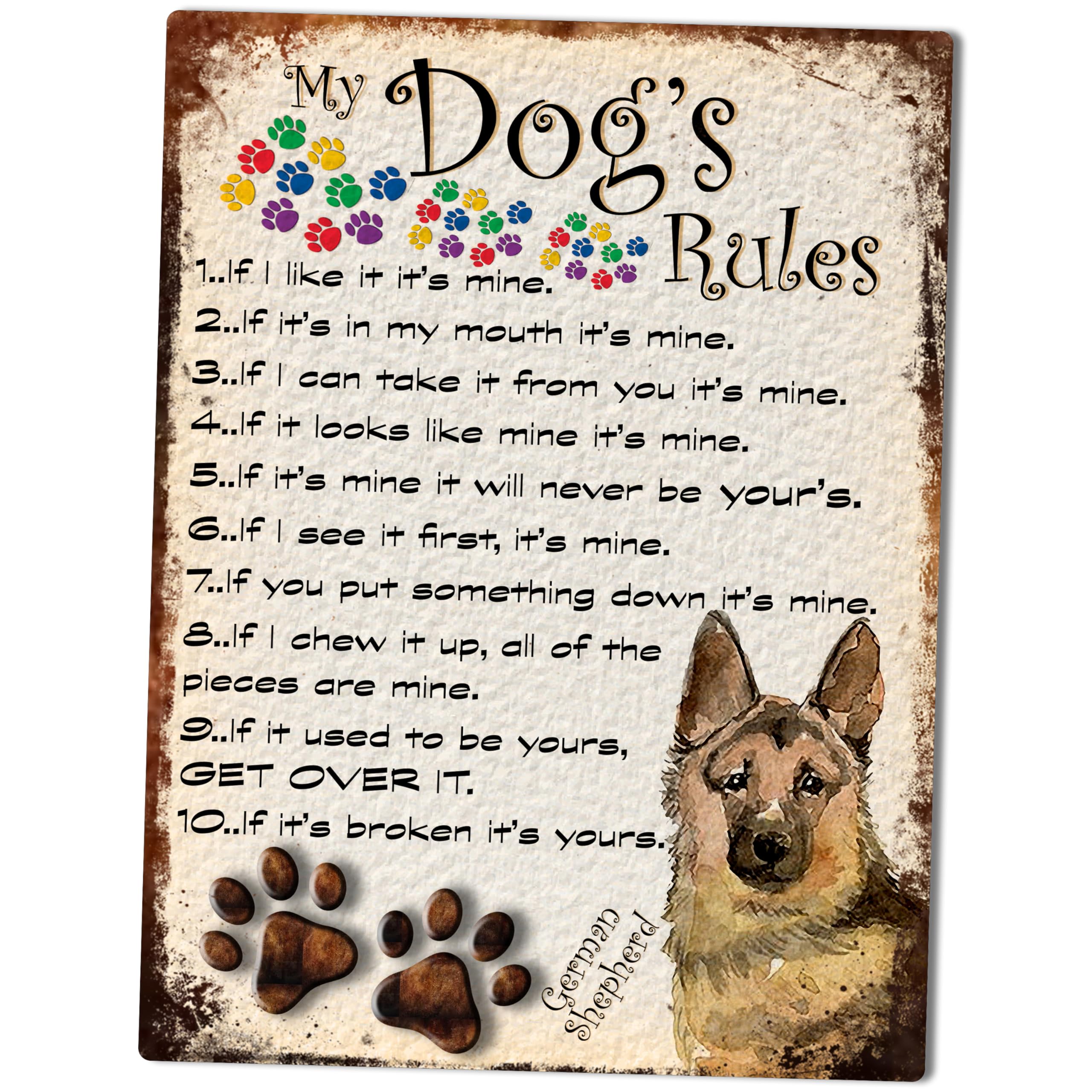 Shawprint Limited German Shepherd My Dog's Rules Retro Style Metal Tin Sign/Plaque Dog Breeds 8" X 6" (German Shepherd)