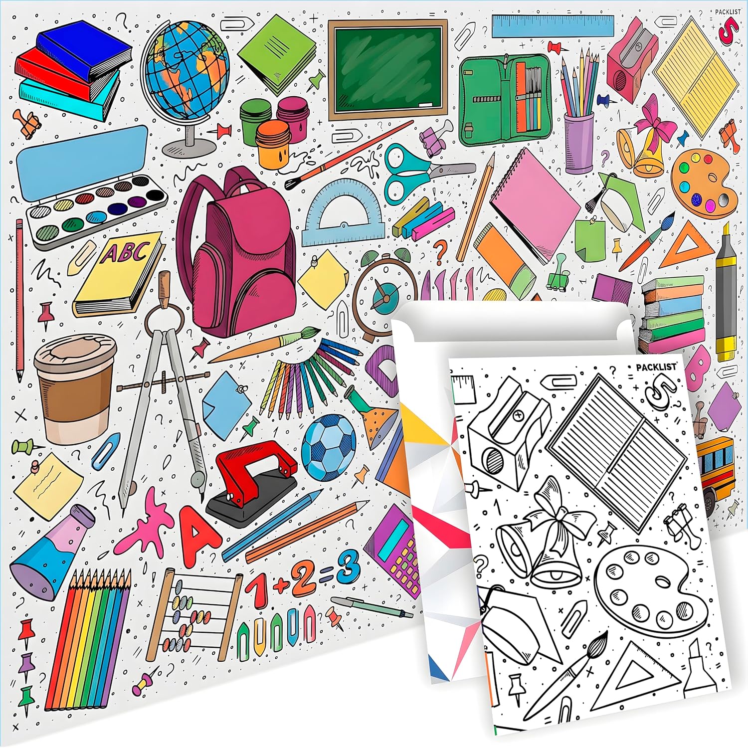 PACKLIST ® Giant School Coloring Poster (33.1x23.4 in) – Large Back to School Coloring Tablecloth & Banner – Thick Paper Classroom Activity & Arts Crafts Poster for Kids, Kindergarten & Preschool