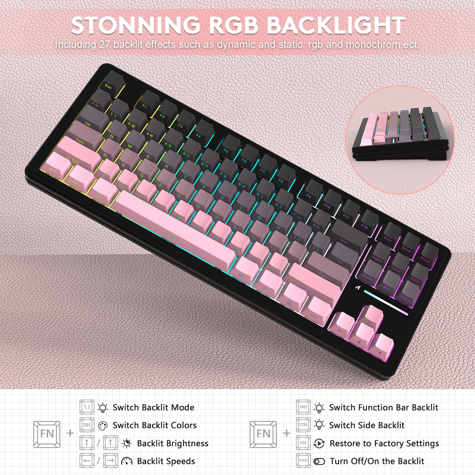 LexonElec x Attack Shark M87 Wireless Gaming Keyboard, BT y 2,4G y Cable, QWERTY 75% RGB Teclado Mecánico, Hot-Swap Interruptor Lineal, Teclas PBT Degradado con Impresión Lateral - Negro/Rosa