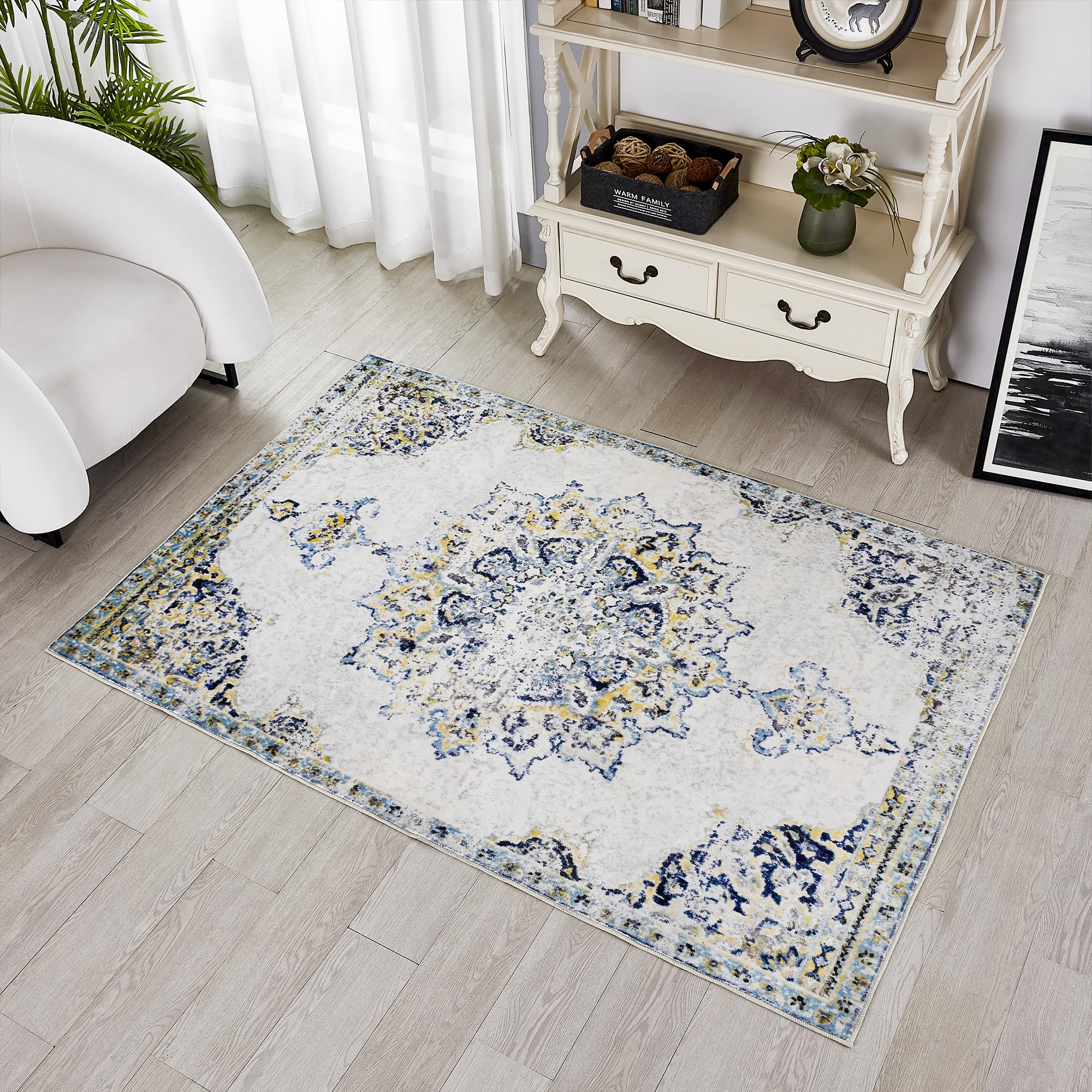 YUIlili 3x5 Area Rug Vintage Oriental Low Pile Washable Rugs, No Shedding Decorative Room Soft Boho Carpet No-Slip Rug for Kids Room, Bedside,