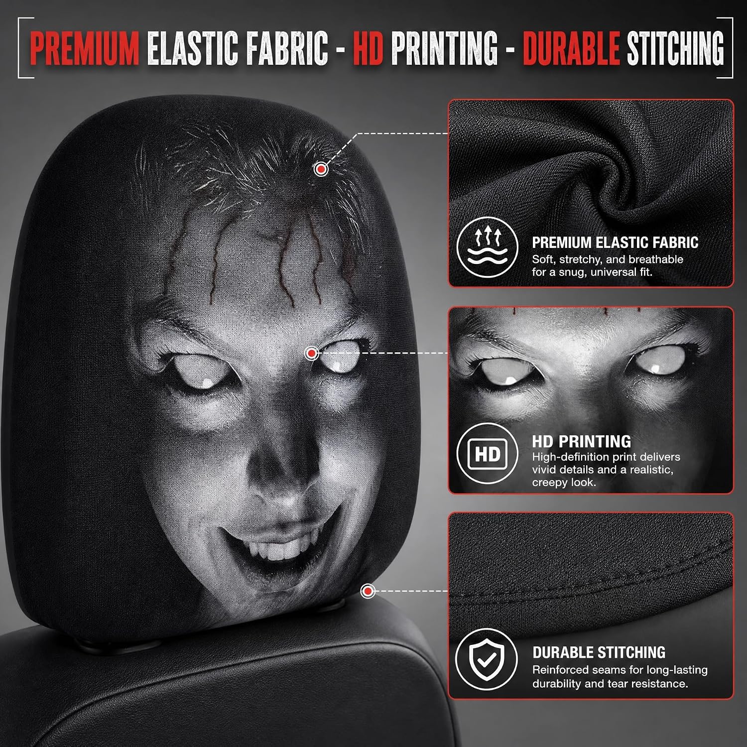 2 Pack Scary Headrest Covers for Cars, Upgraded Snug Fit Car Headrest Cover, Breathable Polyester Spooky Ghost Face Auto Seat Protector for Halloween Car Decorations & Vehicle Accessories (B)