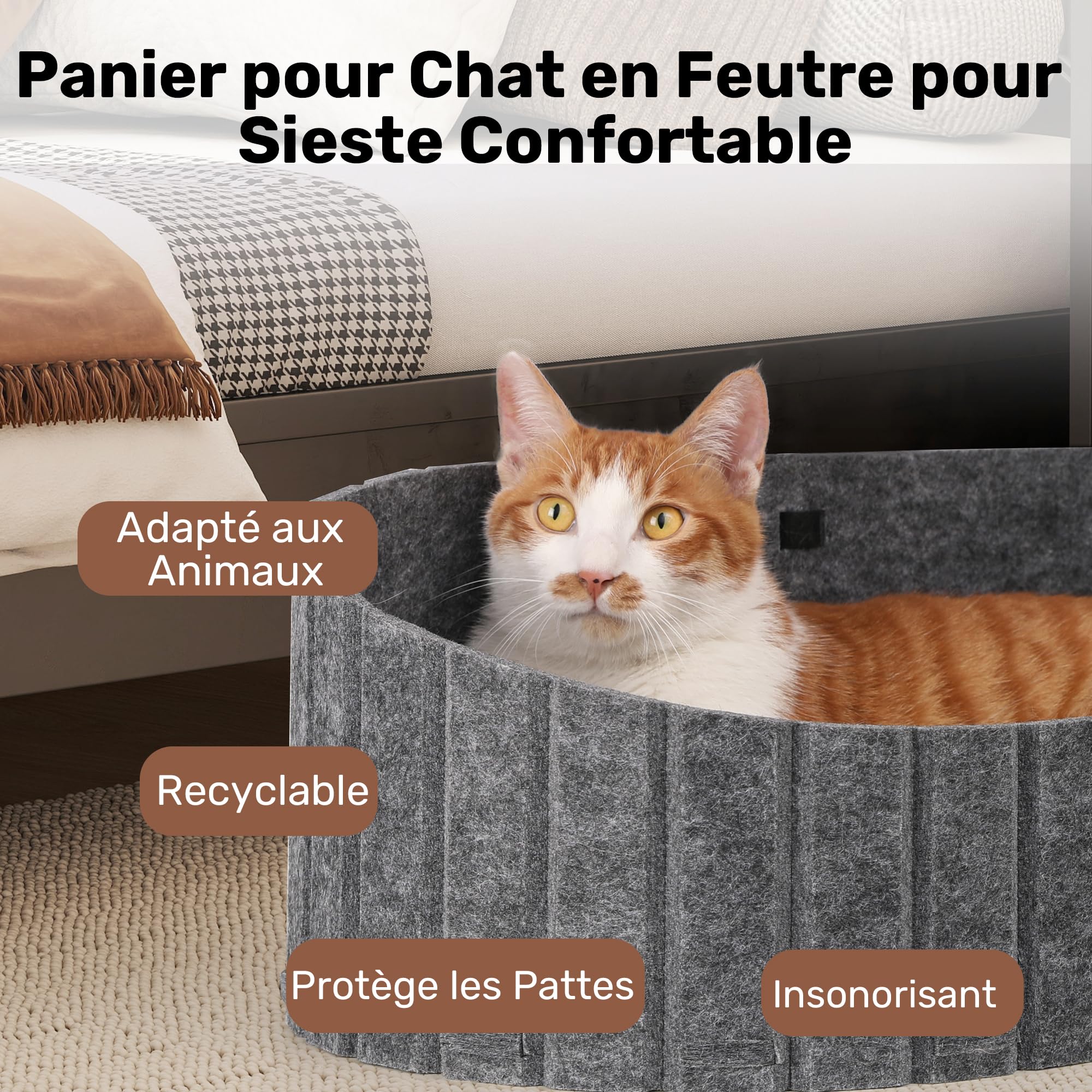 FUKUMARU Lit pour Chats d'Intérieur, 61 cm Canapé avec Coussin en Fausse Fourrure de Lapin, Maisonette en Feutre en Forme Ovale, Gris