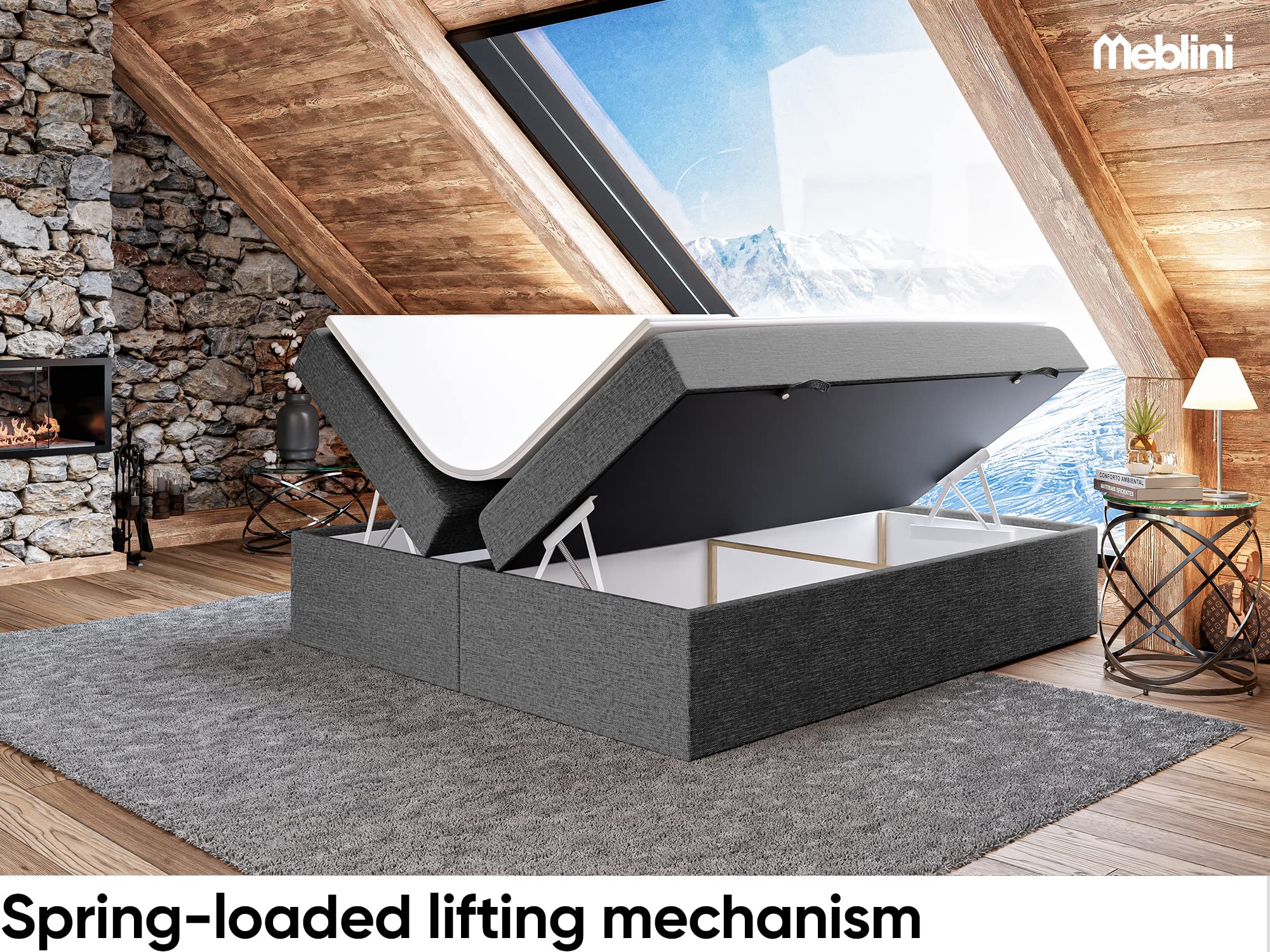 MEBLINI Boxspringbett mit Bettkasten - 200x200 - Gepolstert Doppelbett mit Matratze und Topper - Polsterbett mit Stauraum - Bett ohne Kopfteil - Stauraumbett - Lionel - H3/Dunkelgrau Webstoff
