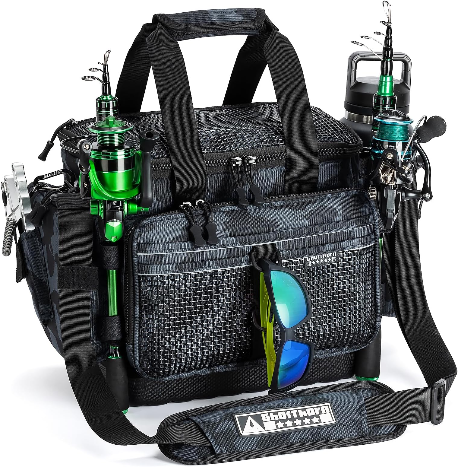 Ghosthorn Fishing Tackle Bag with Rod Holder Saltwater & Freshwater Resistant Tackle Box Bag - Waterproof Base, Adjustable Padded Shoulder Strap (Black Camouflage)