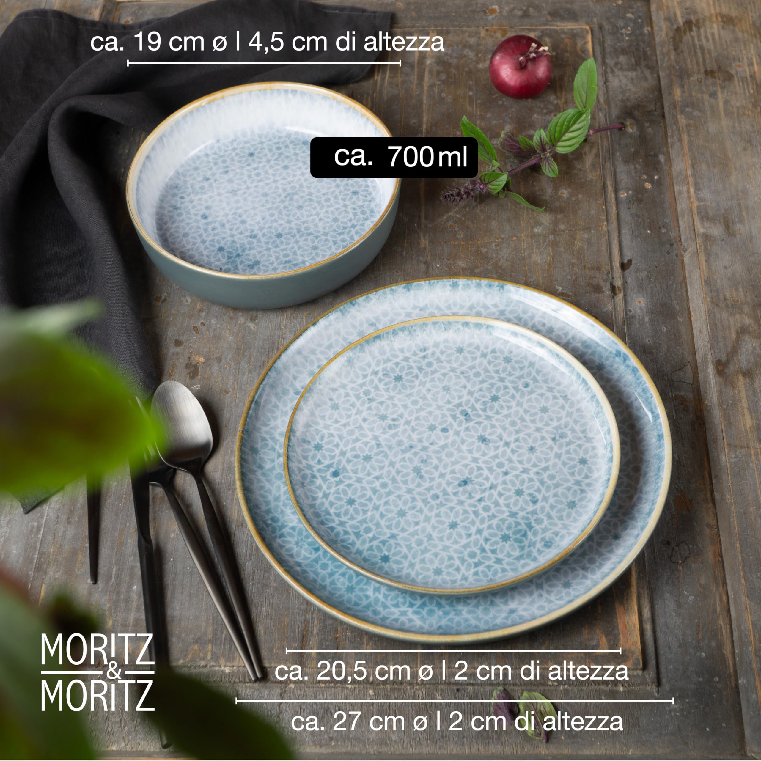 Moritz & Moritz TERRA 18 pz. Set di servizio piatti per 6 persone - Set di piatti servizio in porcellana Blu di alta qualità – Set piatti 6 persone con 6 piatti da pranzo