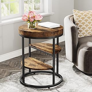 Tribesigns Round End Table, 3-Tier Side Table with Storage Shelves, Rust...