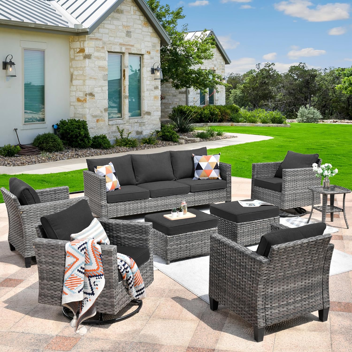 HOOOWOOO Wicker Patio Conversation Sets,8 Piece Outdoor Furniture Set with Swivel Rocking Chairs,All Weather Resistant Modern Outside Out Door Rattan Couch Chairs Side Table Set,Black