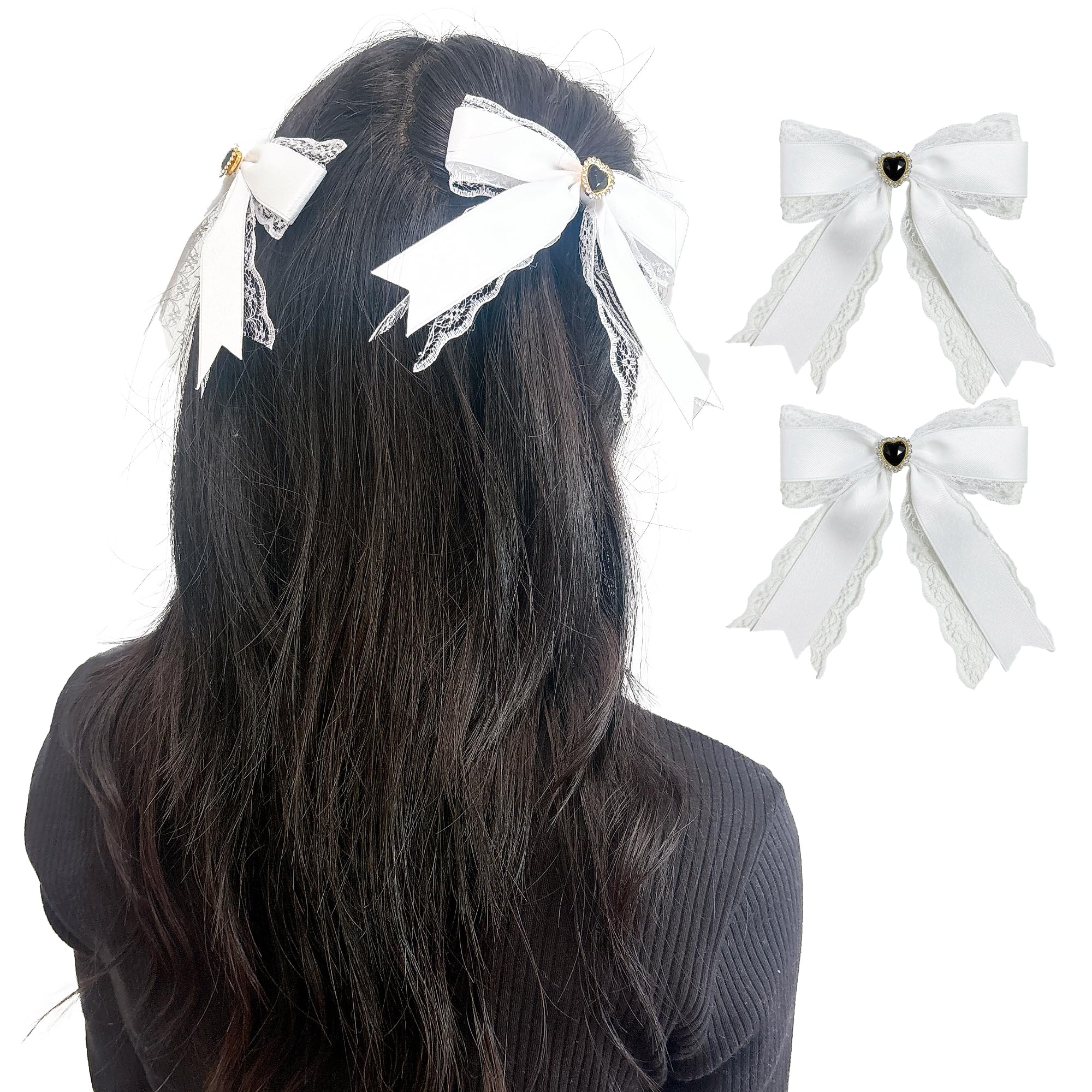 ハートビジュー付きレースリボンクリップ 2個セット ホワイト ロリータ ゆめかわいい ゴスロリ ヘアクリップ ヘアピン ヘアアクセサリー W13cm×H11cm [並行輸入品]