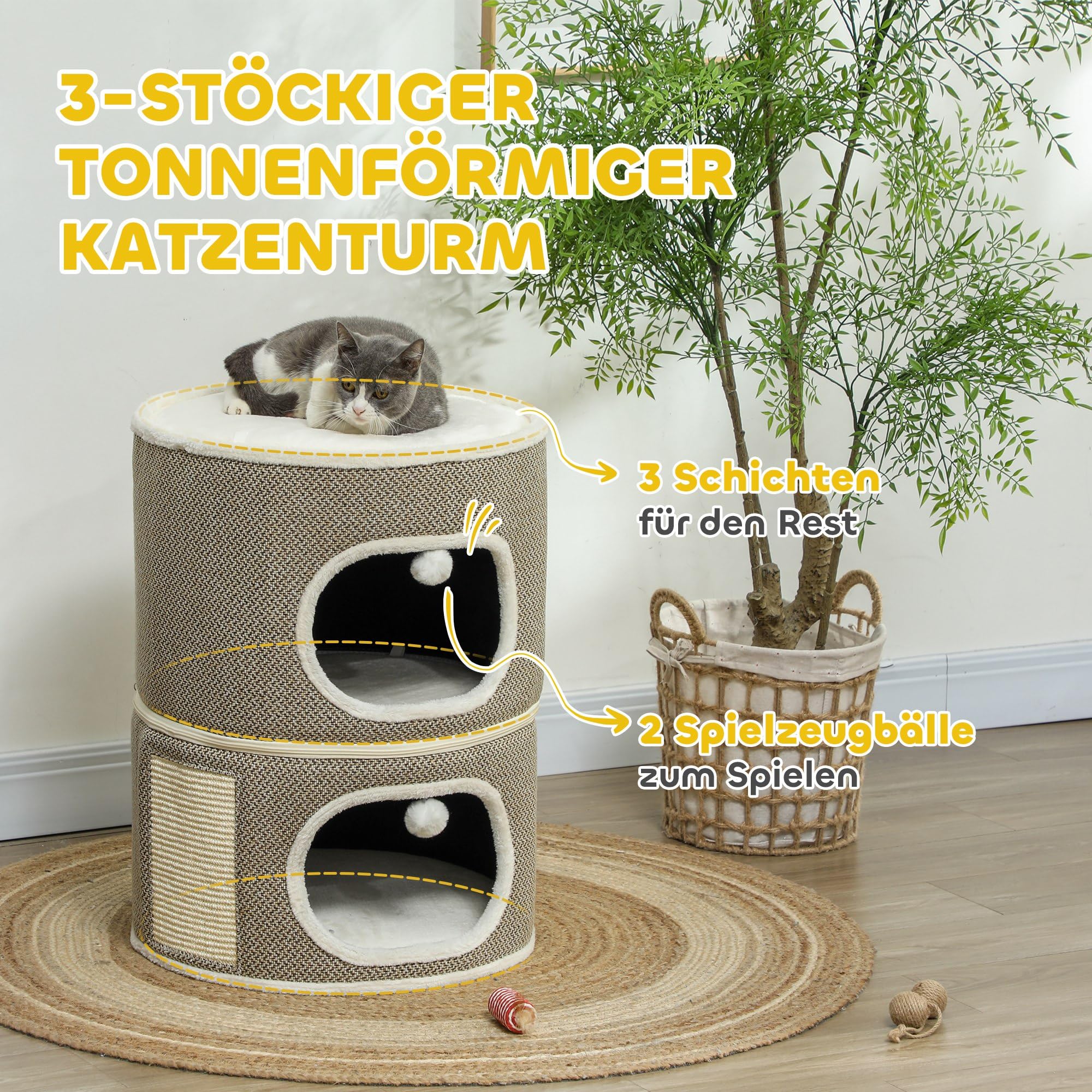 PawHut Kratztonne, Kratzbaum mit Spielbällen, 69 cm hoch Katzenturm mit 2 Höhle, Katzentonne aus Sisal, für Katze bis 6 kg, Kaffeebraun+Cremeweiß