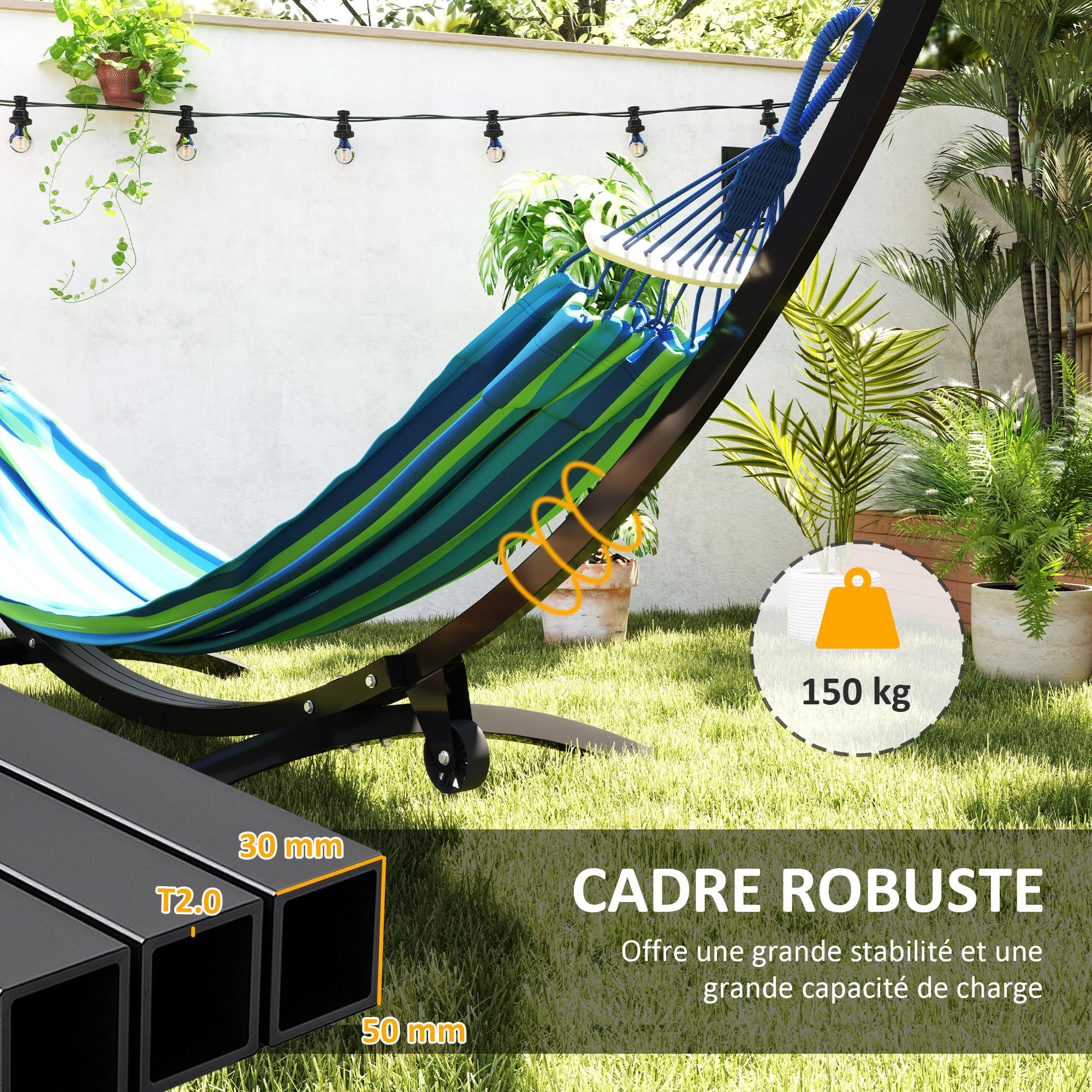 Outsunny Support de hamac en métal avec Roues, 150 kg, 337 x 118 x 118 cm Noir