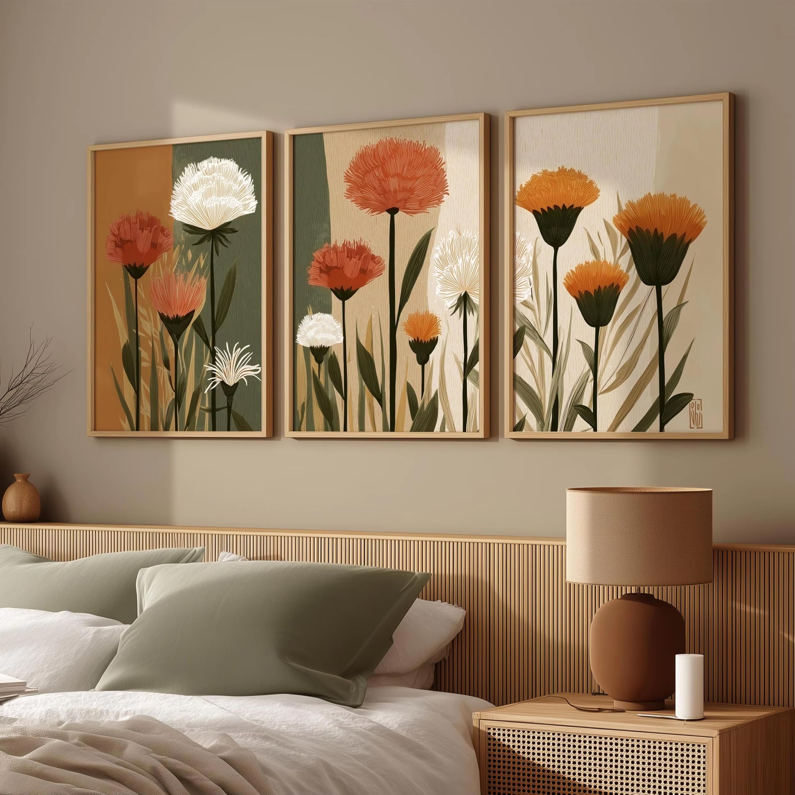 DFZEWKI Wildflower Wall Art,Burnt Orange White Dandelion Botanical Canvas Prints,Neutral Earth Tone Minimalist Home Decor(70x90cm(26x35in) x3/No frame)
