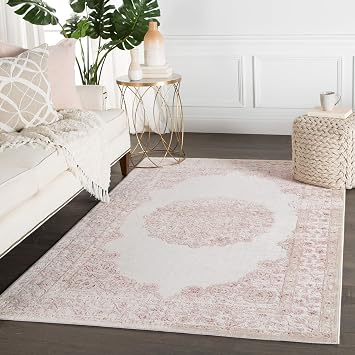 Jaipur Living Fables Collection 5 x 76" Small Area Rug with Medallion Design and Scrolling Border, Soft Power-Loomed Bohemian Rug for Bedrooms and Living Rooms, Pink/White