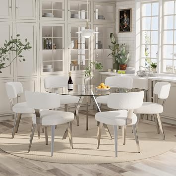 47in Round Dining Table Set for 6, 7-Piece Dining Set with Glass Table & Ergonomic Boucle Chairs Set of 6 for Small Spaces, Dining RoomWhite&Silver