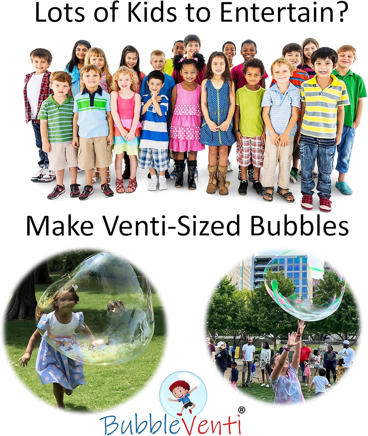 Bubbleventi Giant Bubble Kit | Made in USA | Includes 2 Wooden Wands, a Tips and Tricks Booklet, and 1 Bubble Mix - Makes 4 Gallons of Big Bubble Solution |Use at Birthdays and Family Fun