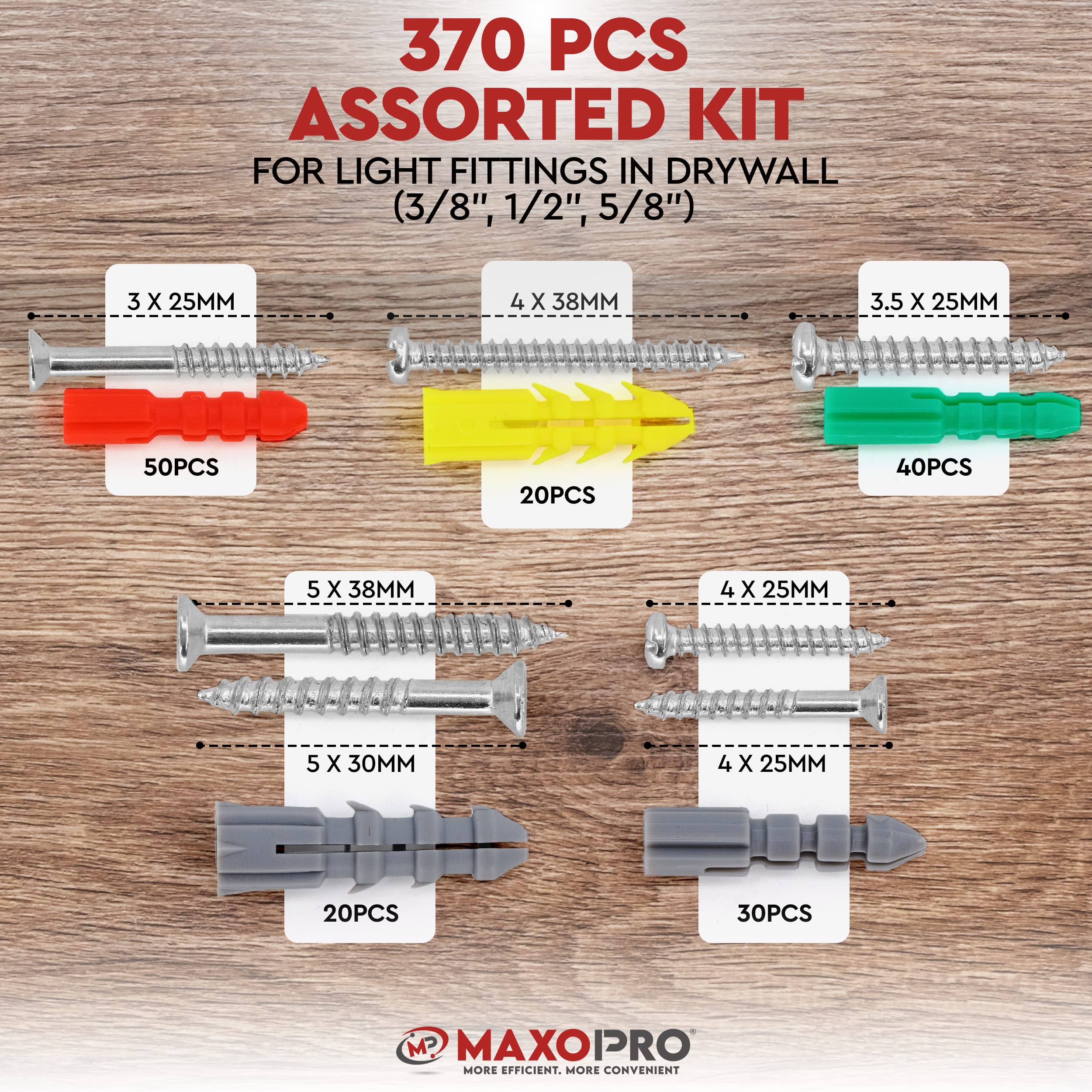 Maxopro Drywall Anchors And Screws Kit 370 Pcs Plastic